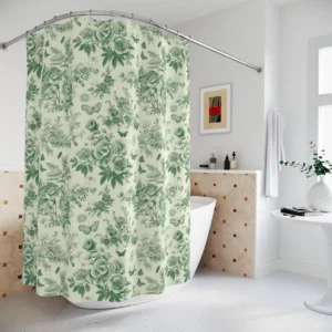 Green Toile Floral Shower Curtain