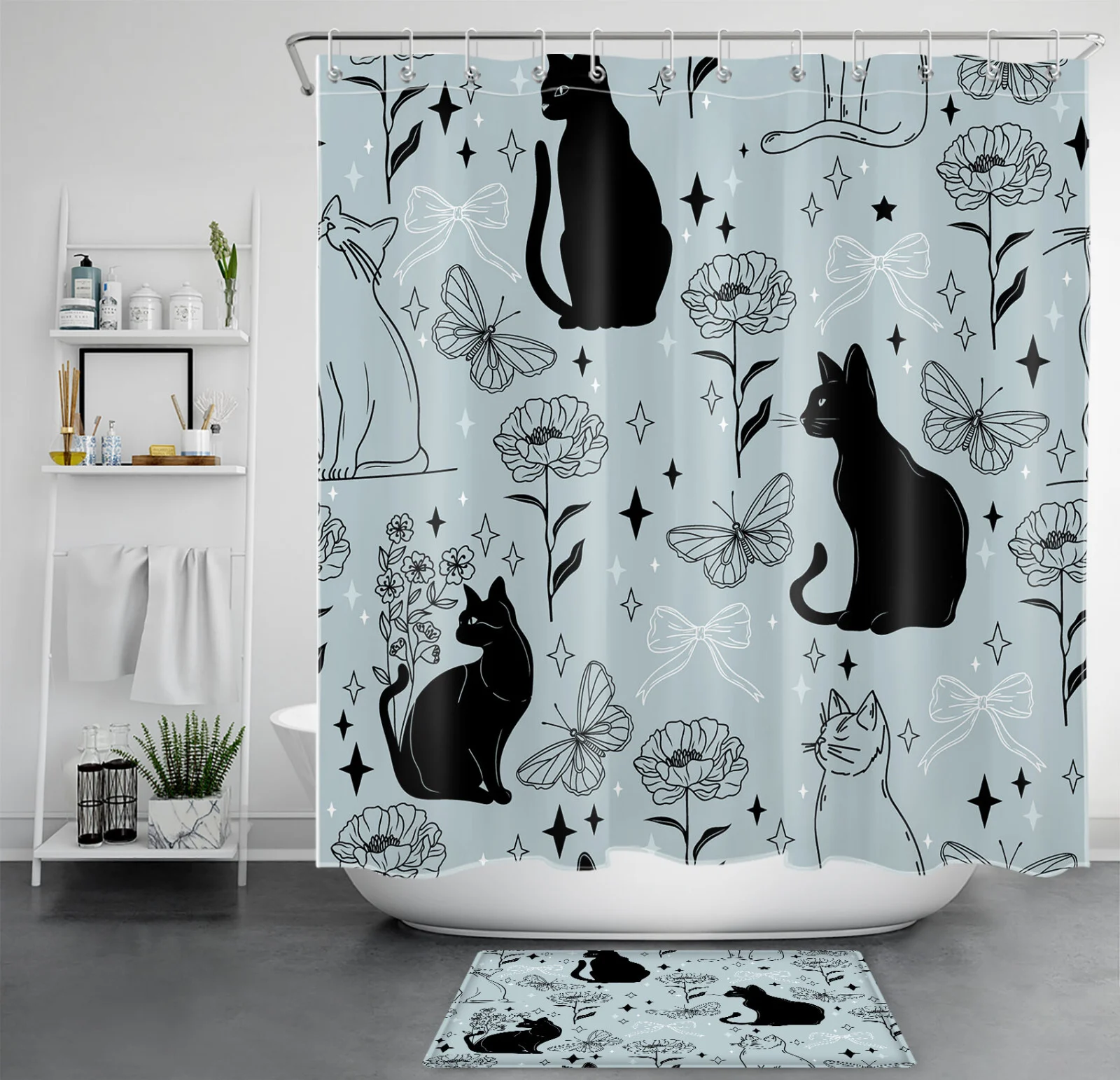 Abstract Floral Funny Black Cat on Blue Shower Curtain