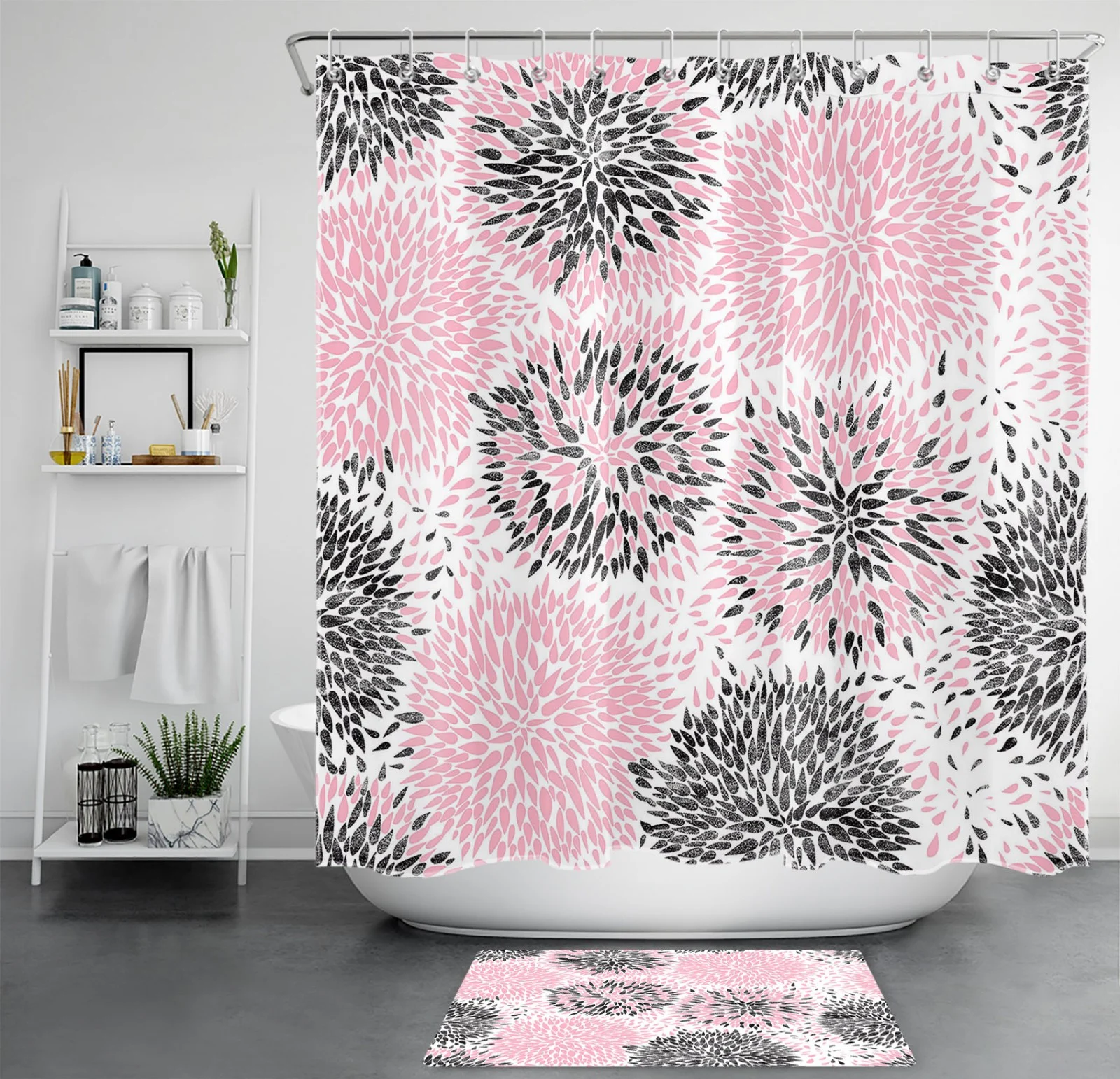 Abstract Flower Pink and Black Floral Shower Curtain