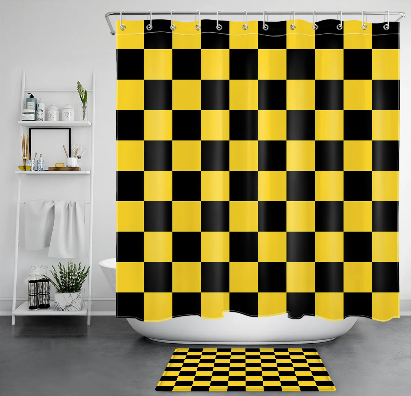 Abstract Plaid Yellow and Black Checkered Shower Curtain