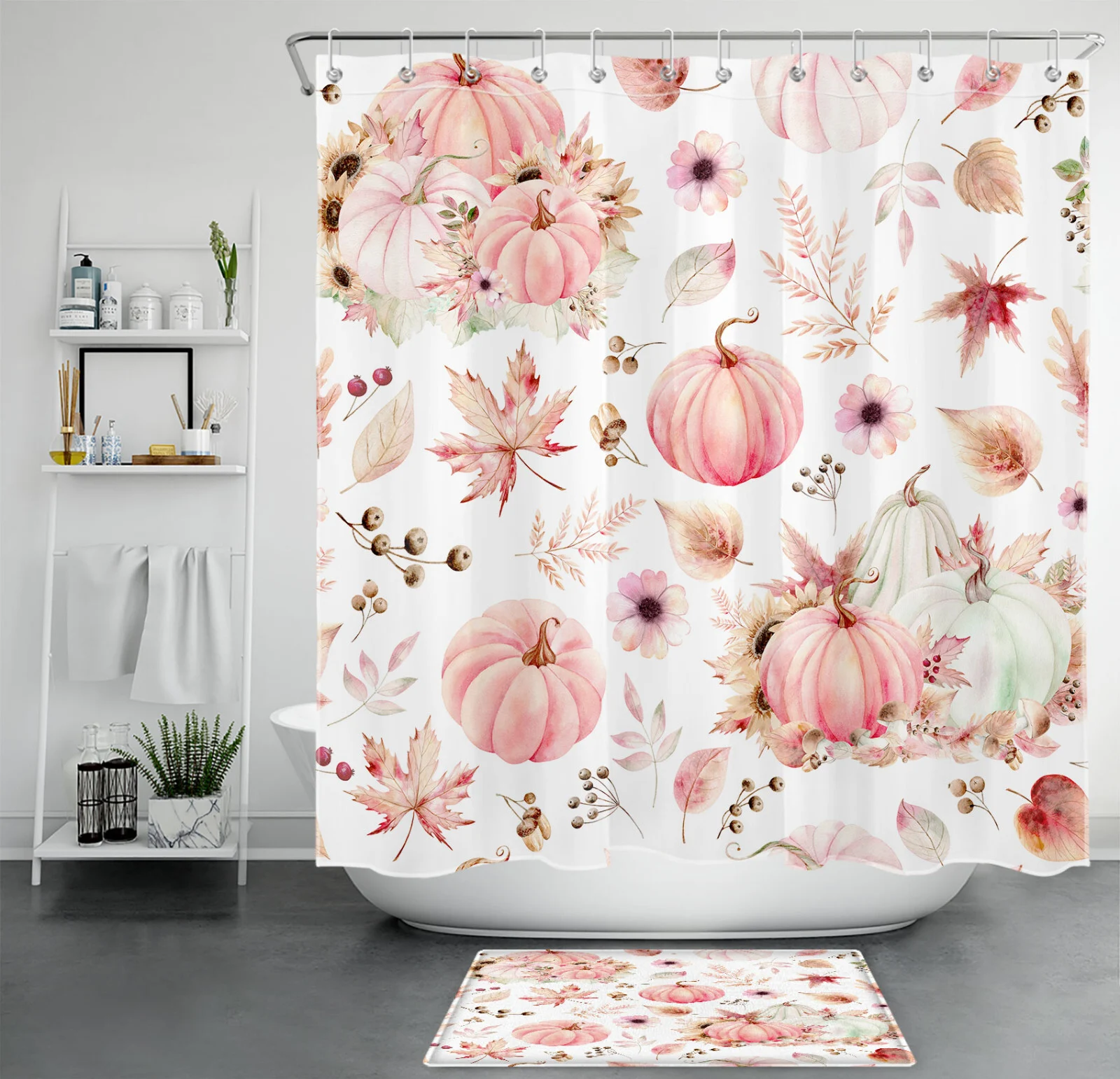 Autumn Harvest Sunflower Pumpkin Pink Fall Shower Curtain
