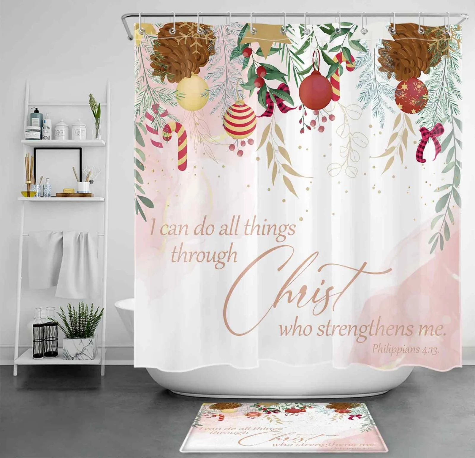 Bible Verse Winter Pastel Pink Christmas Shower Curtain