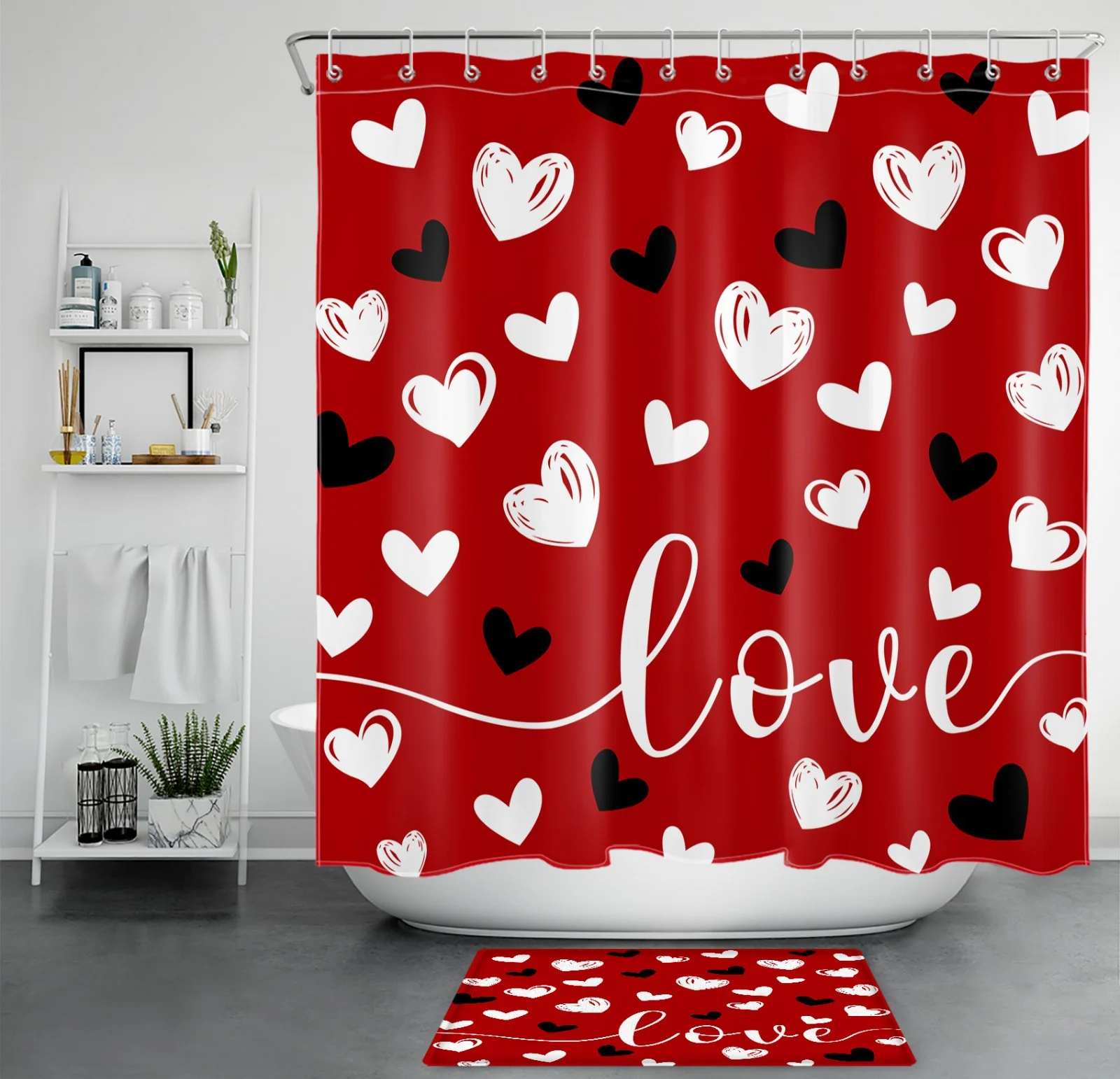 Black and White Love Heart Valentines Red Shower Curtain