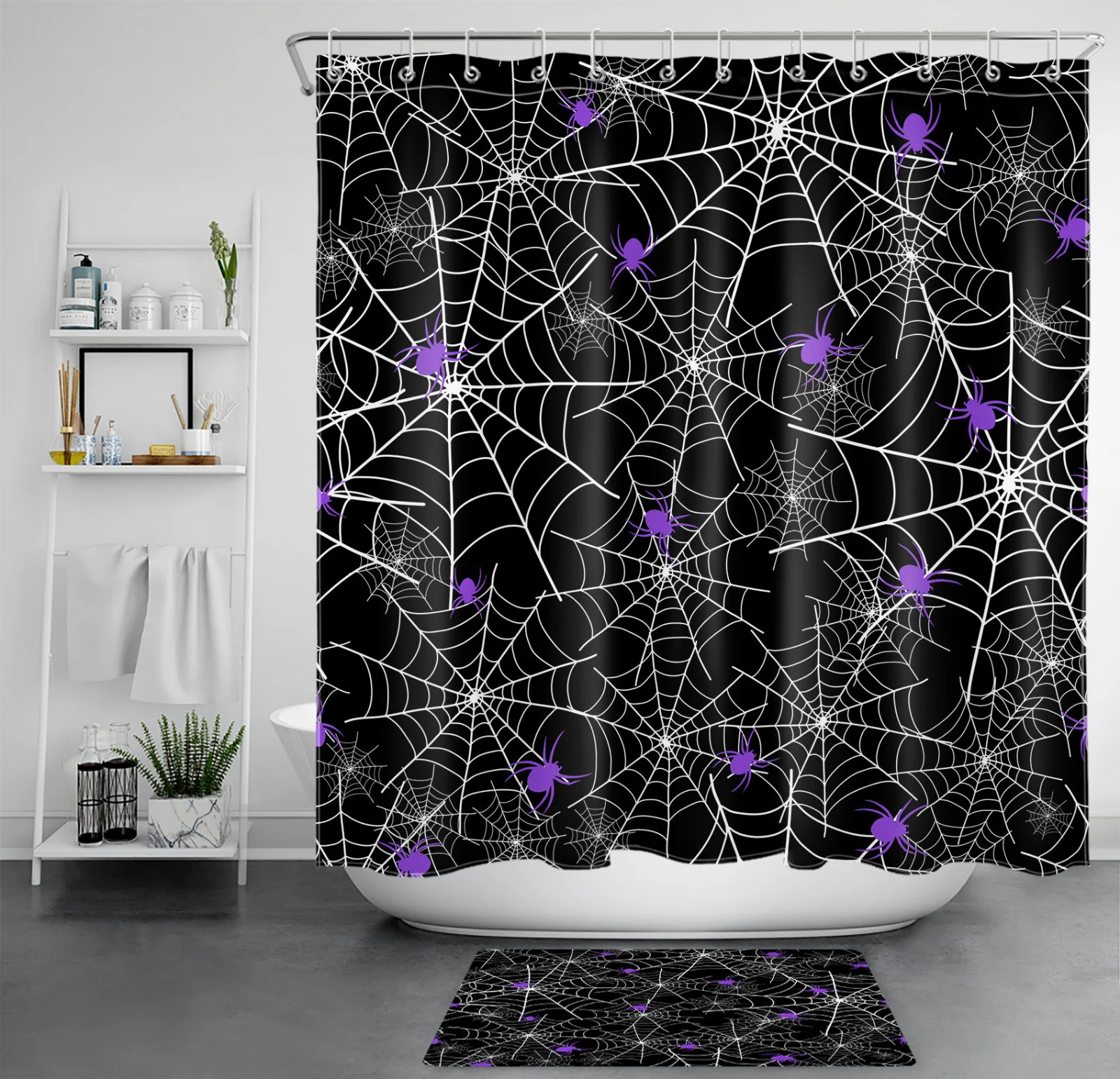 Black White Halloween Purple Spider Web Shower Curtain