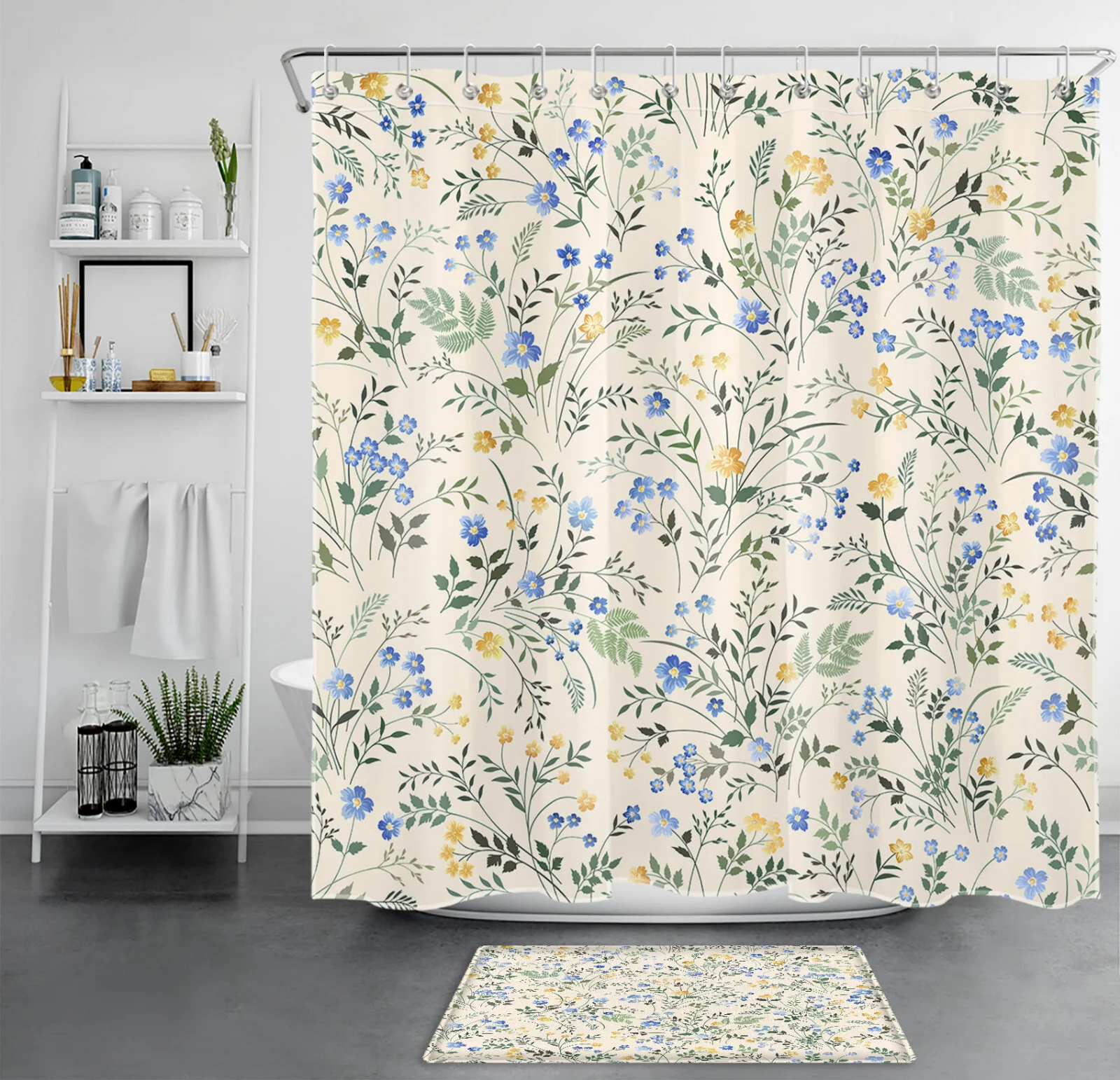 Blue Floral Botanical Yellow Flower Beige Shower Curtain