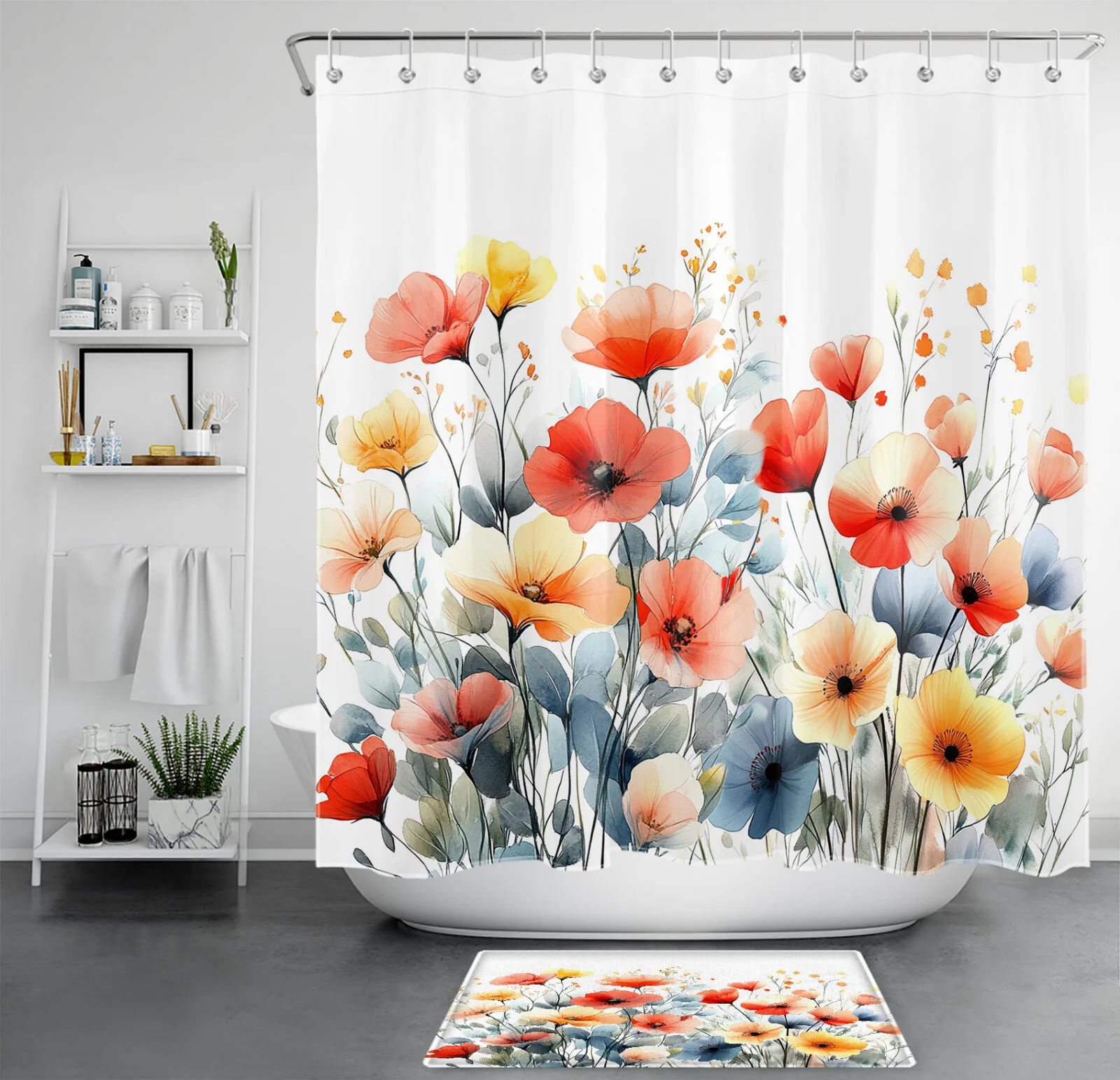 Blue Leaf Yellow and Orange Wildflower Shower Curtain