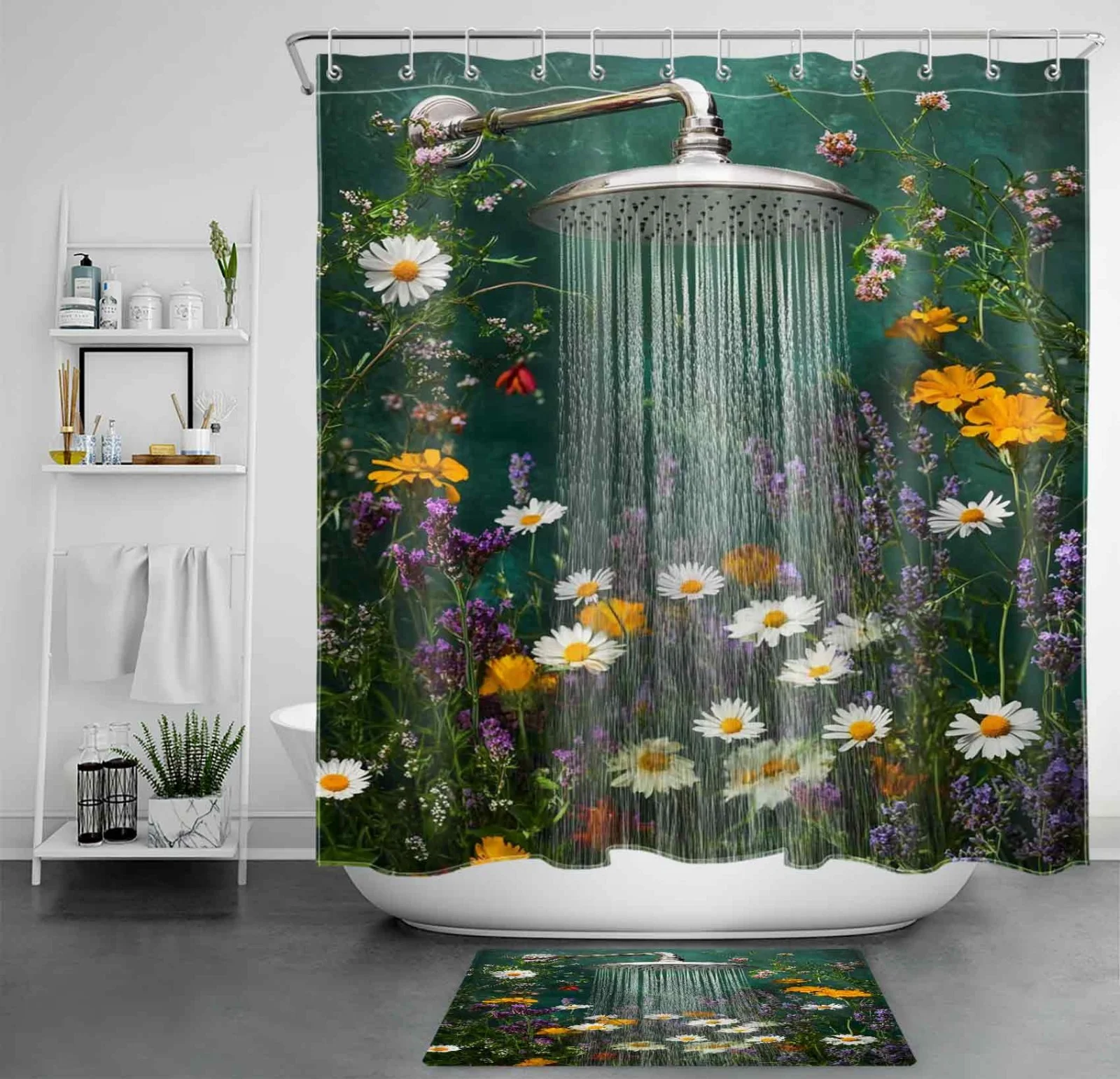 Retro Botanical Pink Watercolor Wildflower Shower Curtain