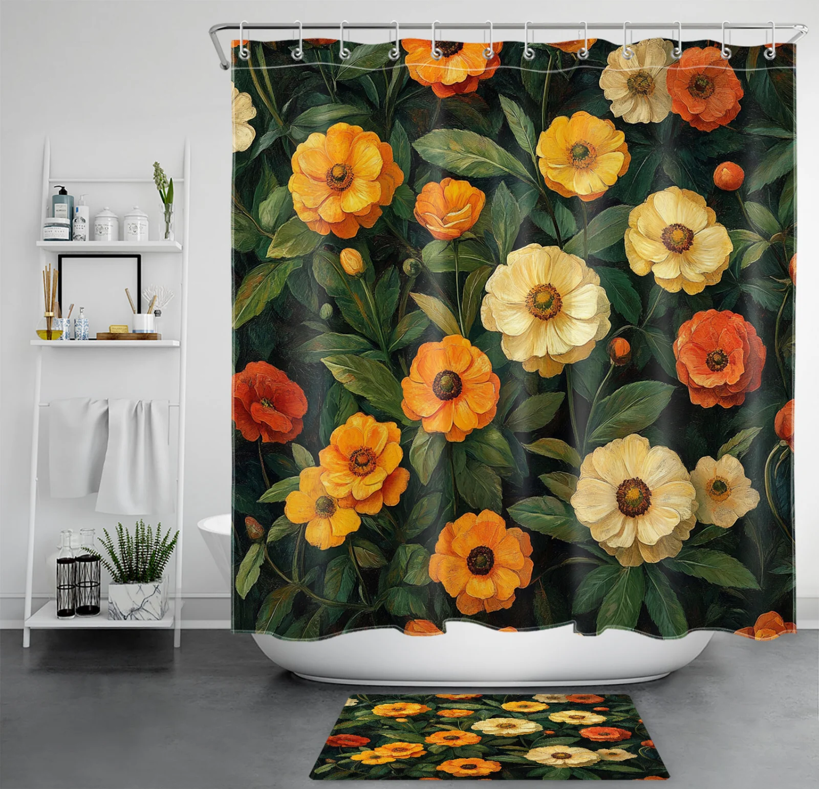 Botanical Green Leaf Yellow Floral Black Shower Curtain