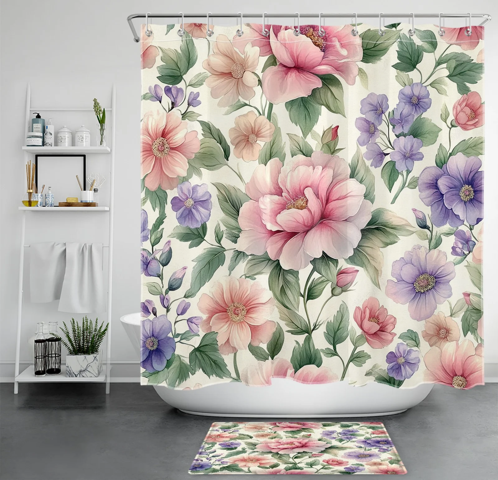 Spring Botanical Green Leaf Orange Floral Shower Curtain