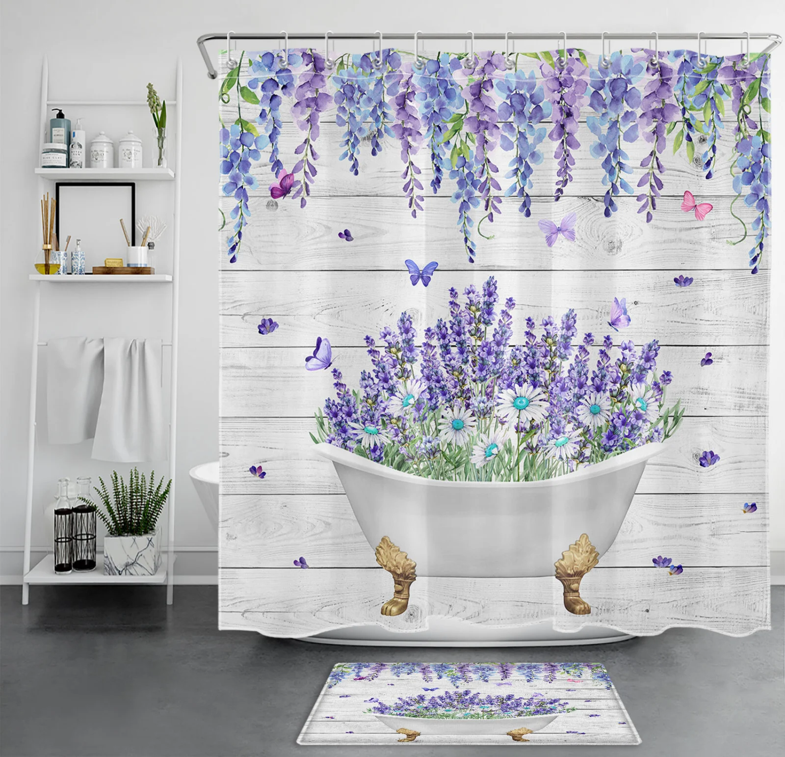 Butterfly Purple Floral Rustic Retro Wood Shower Curtain