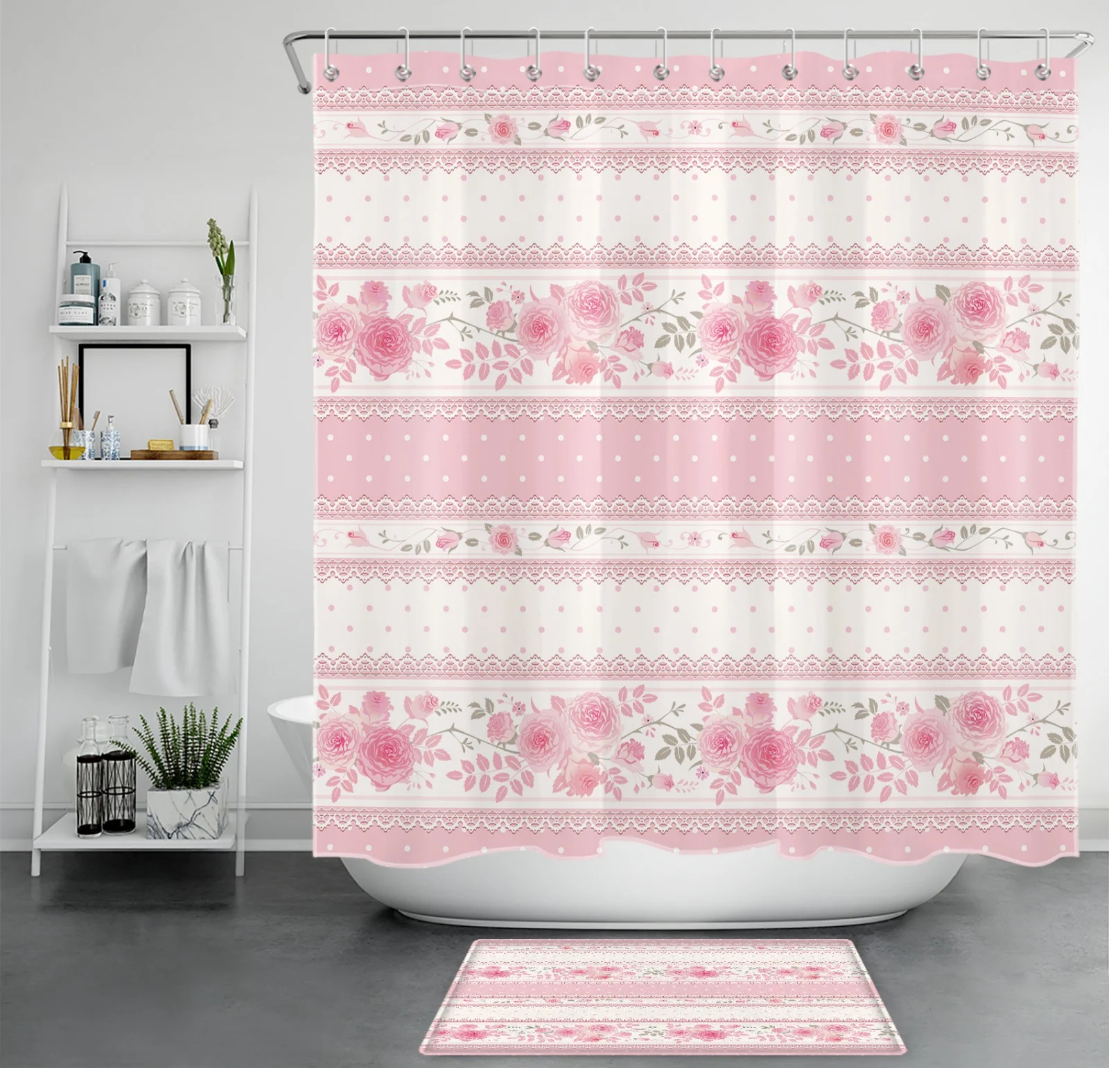 Chic Rose Floral White and Pink Striped Shower Curtain