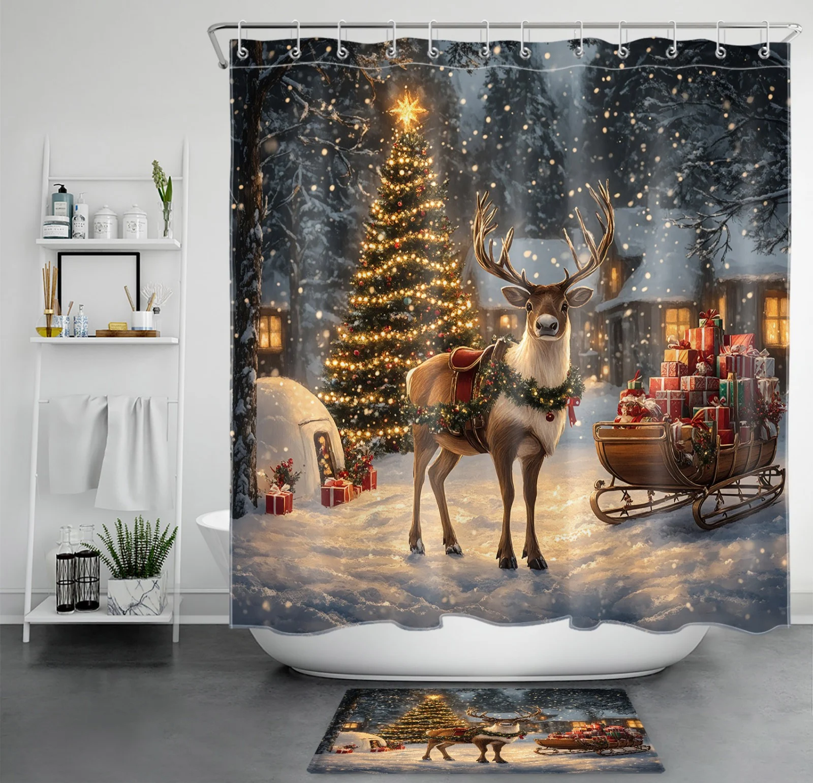 Christmas Village Cute Winter Xmas Deer Shower Curtain