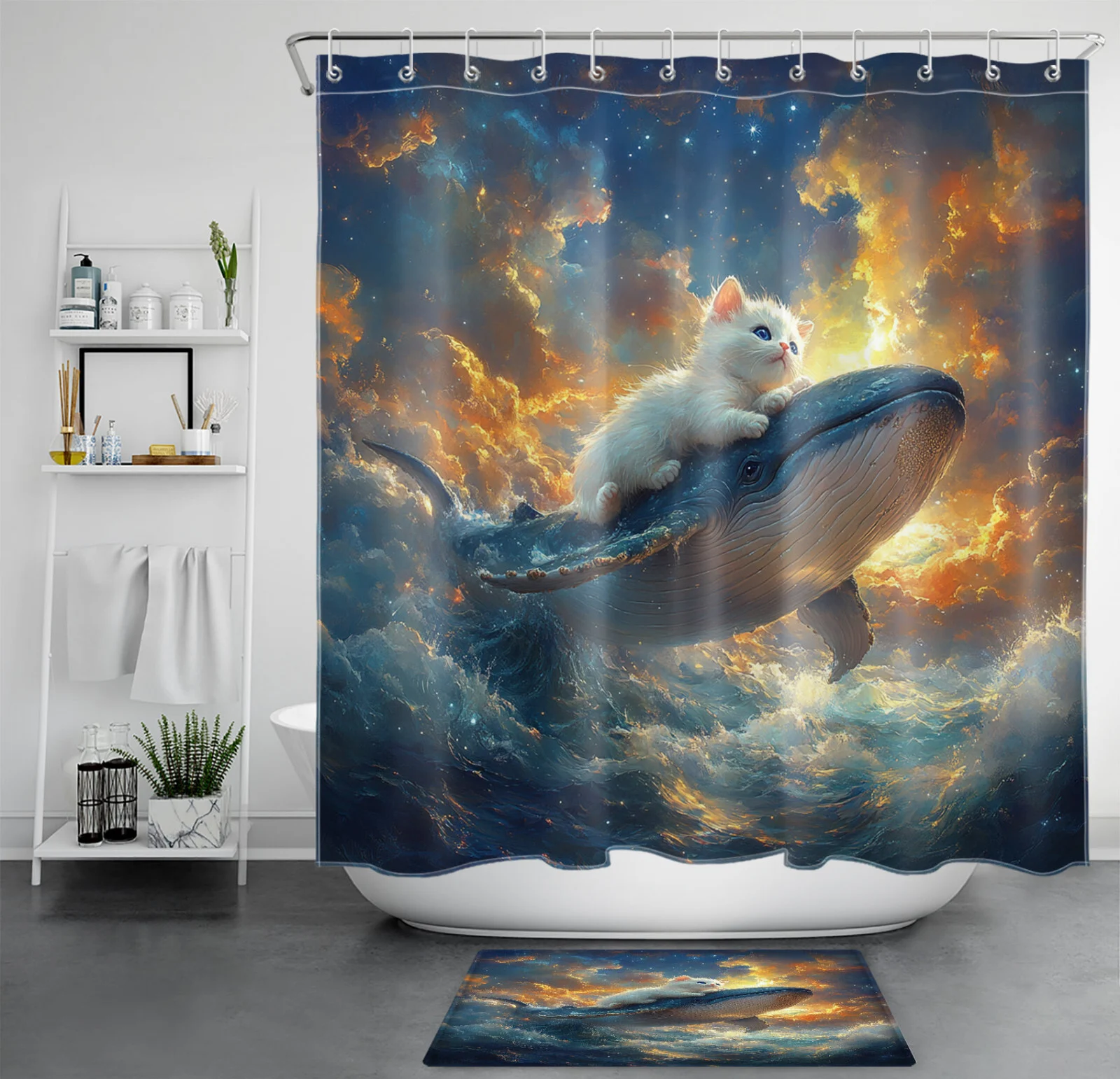Coastal Ocean Funny Cat Riding Dolphin Shower Curtain