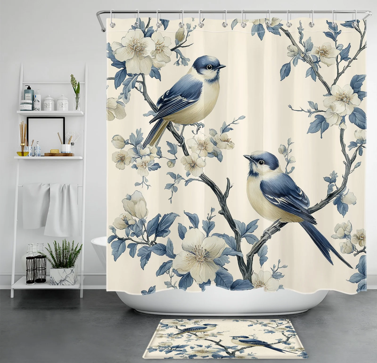 Cute Blue Bird Botanical Wildflower Beige Shower Curtain