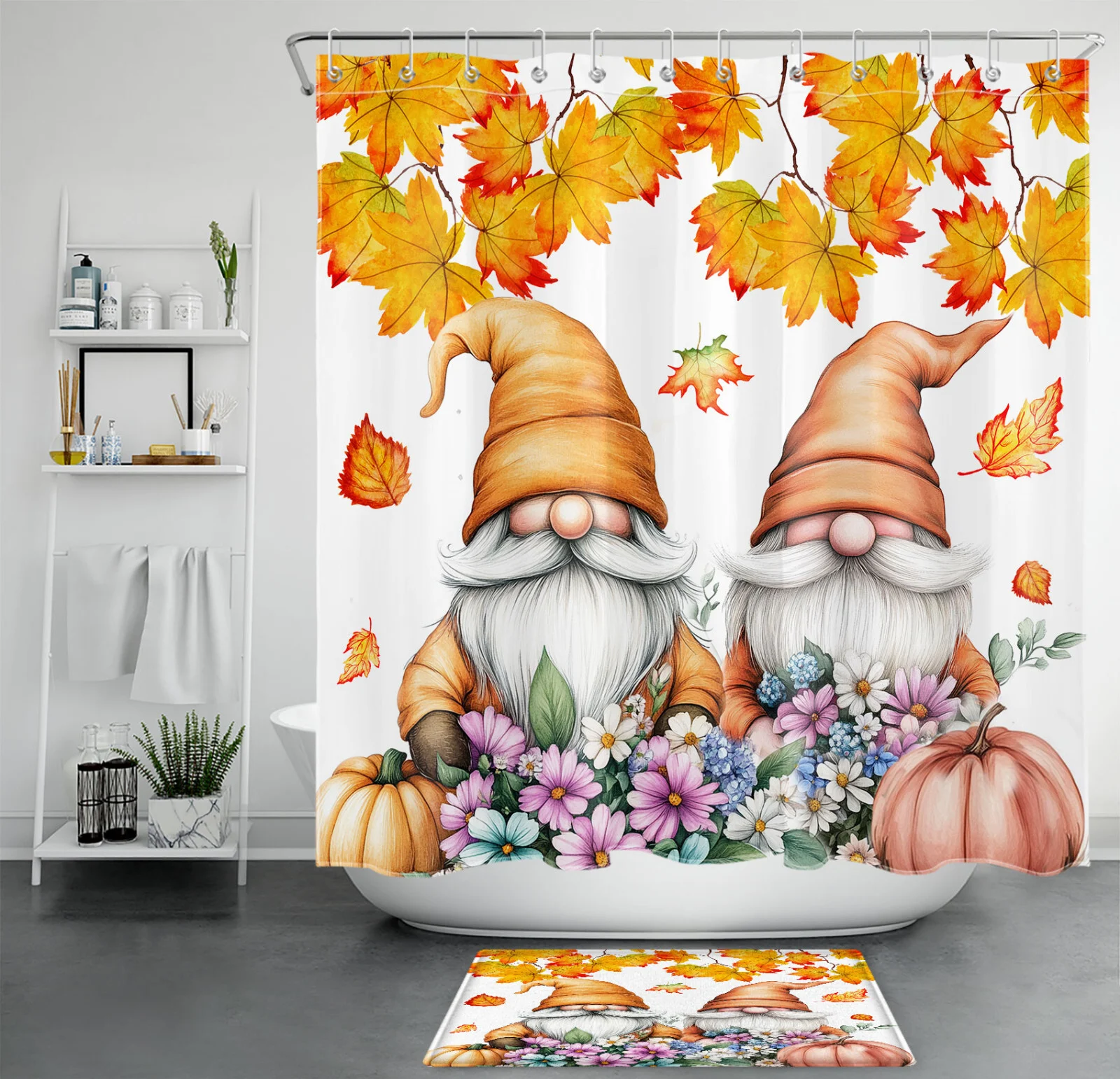 Daisy Floral Pumpkin Funny Fall Gnome Shower Curtain