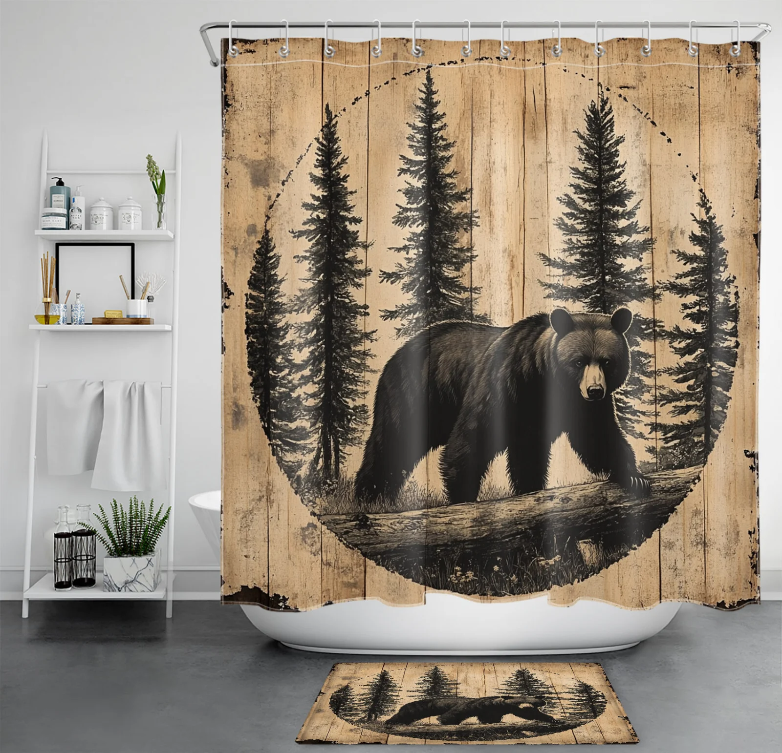 Forest Black Bear on Vintage Wood Brown Shower Curtain