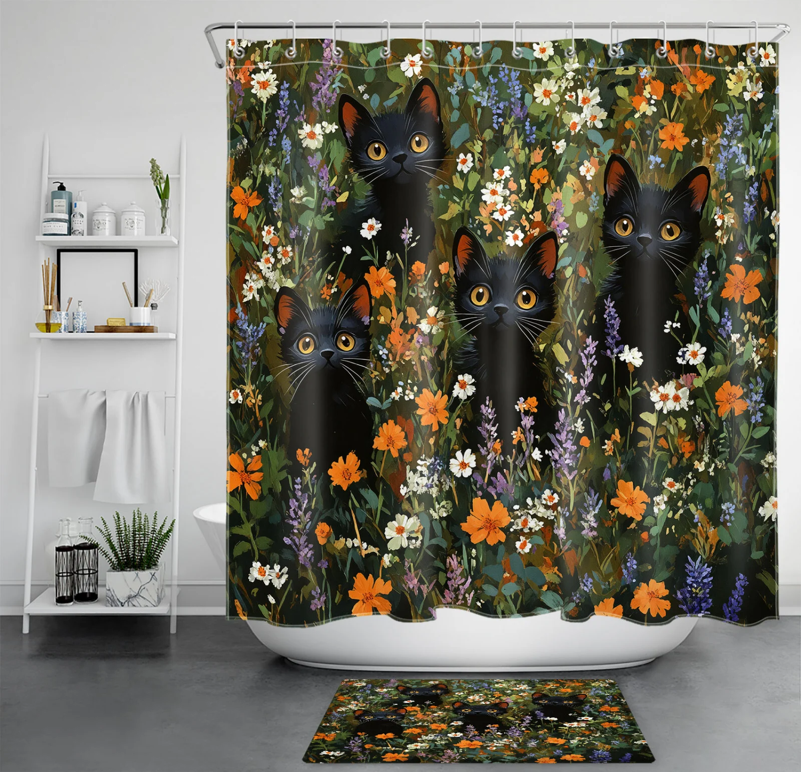Funny Black Cat Green Leaf Orange Floral Shower Curtain
