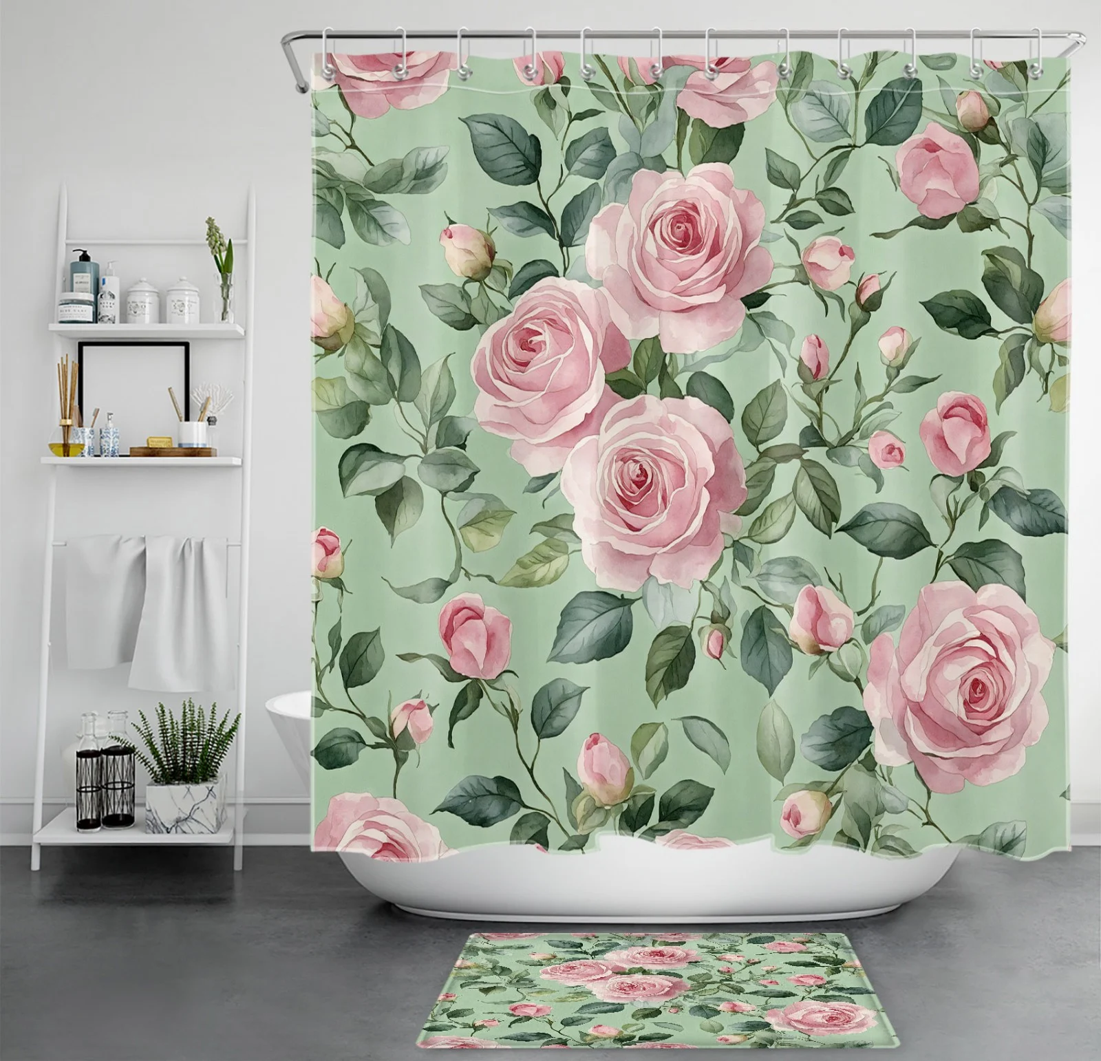 Garden Botanical Leaf Pink Floral Green Shower Curtain