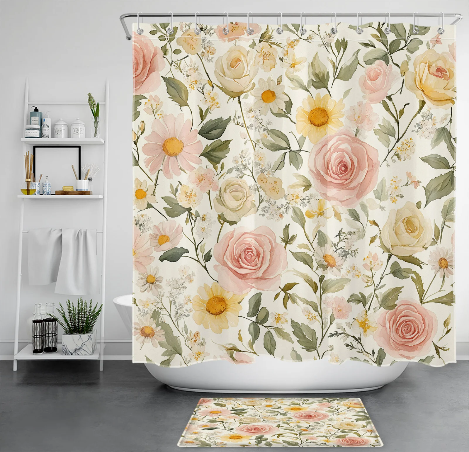 Garden Green Leaf Yellow Daisy Pink Floral Shower Curtain