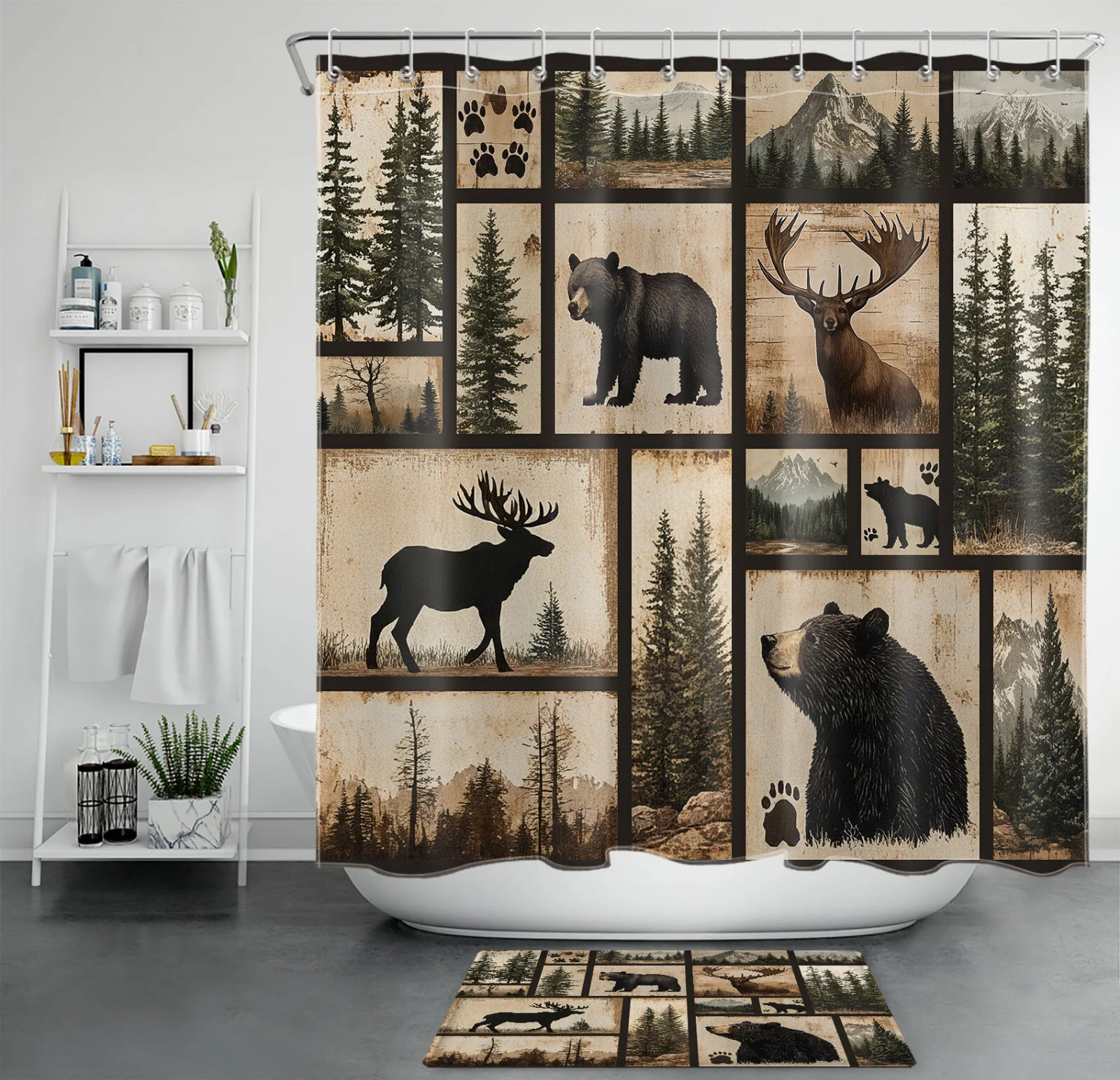 Green Forest Wildlife Black Bear and Deer Shower Curtain