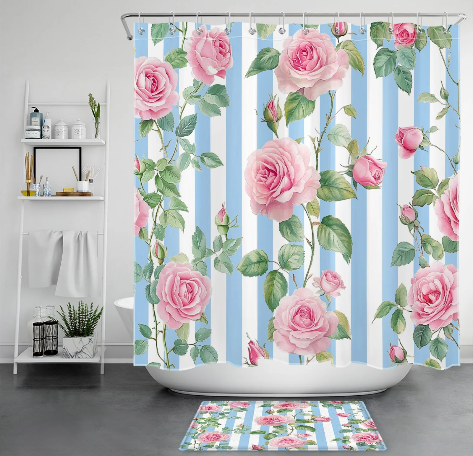 Green Leaf Pink Floral on Blue Striped Shower Curtain