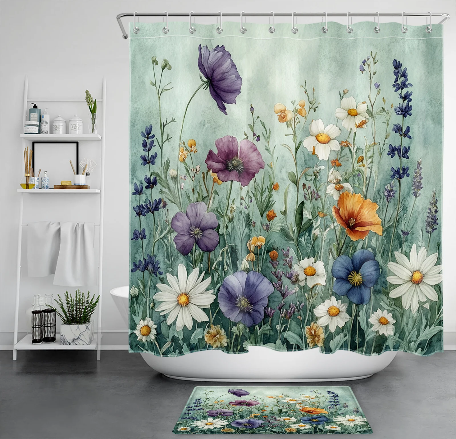 Vintage Plant Leaf Yellow Floral on Black Shower Curtain