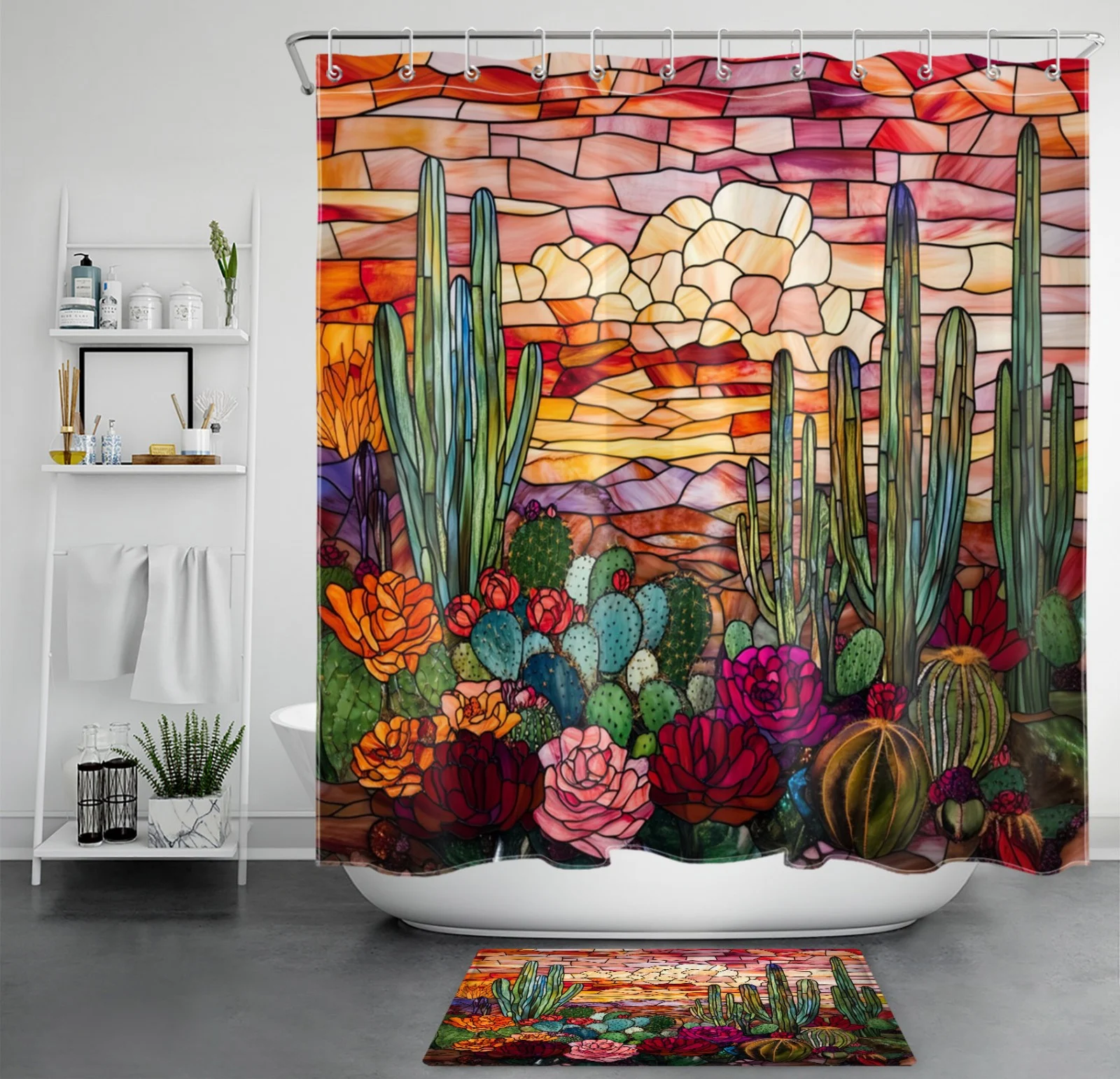 Green Succulent Cactus Stained Glass Shower Curtain