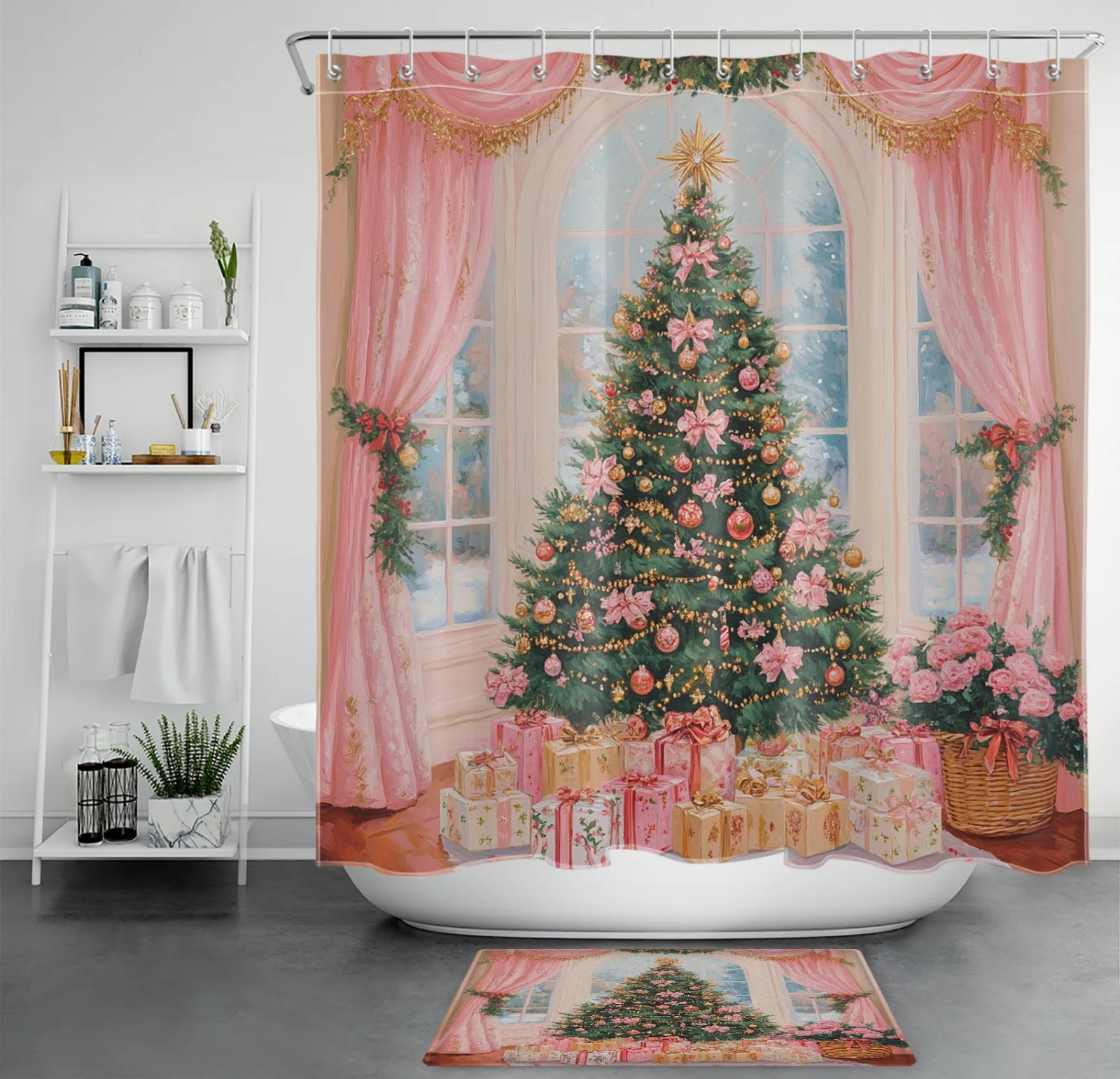 Spring Garden Plant Pink and Blue Floral Shower Curtain