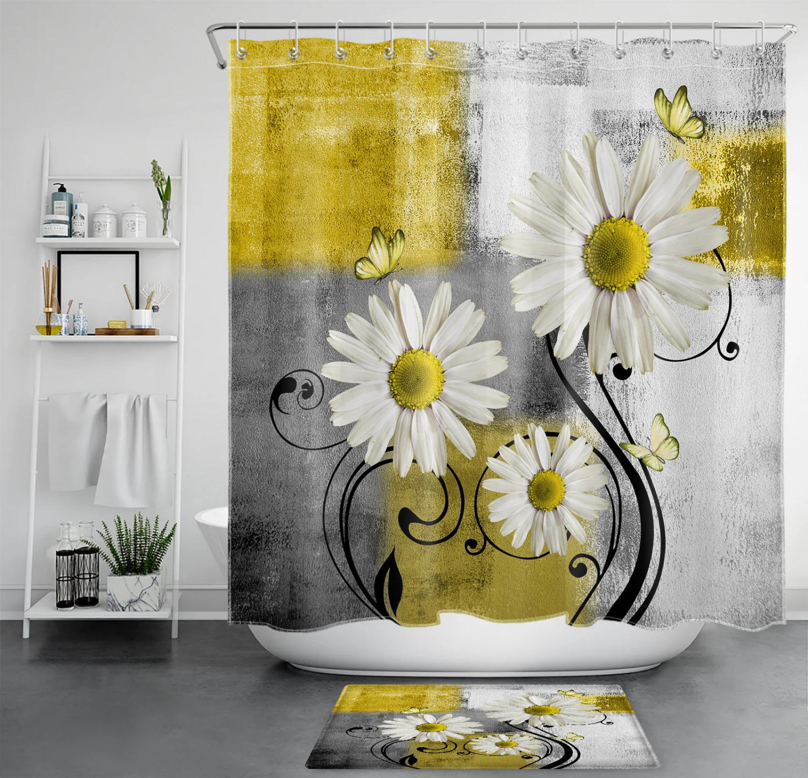 Grey and White Geometric Yellow Floral Shower Curtain