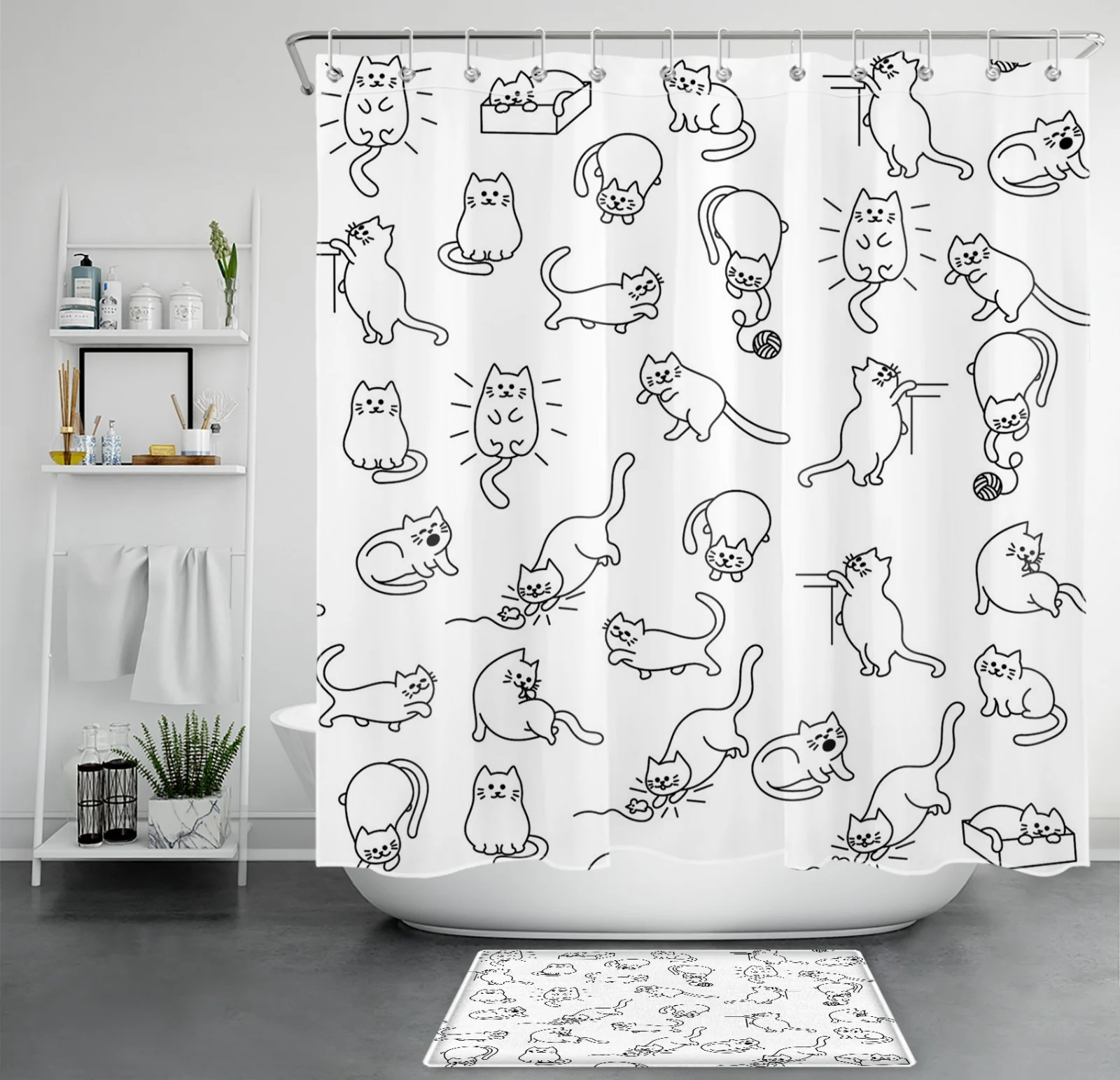 Modern Black and White Cute Funny Cat Shower Curtain