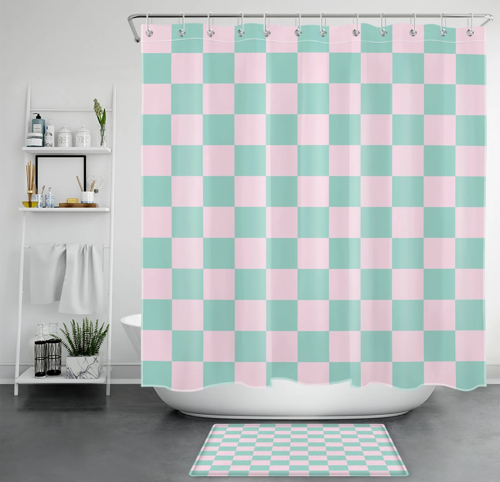 Modern Vintage Green and Pink Checkered Shower Curtain