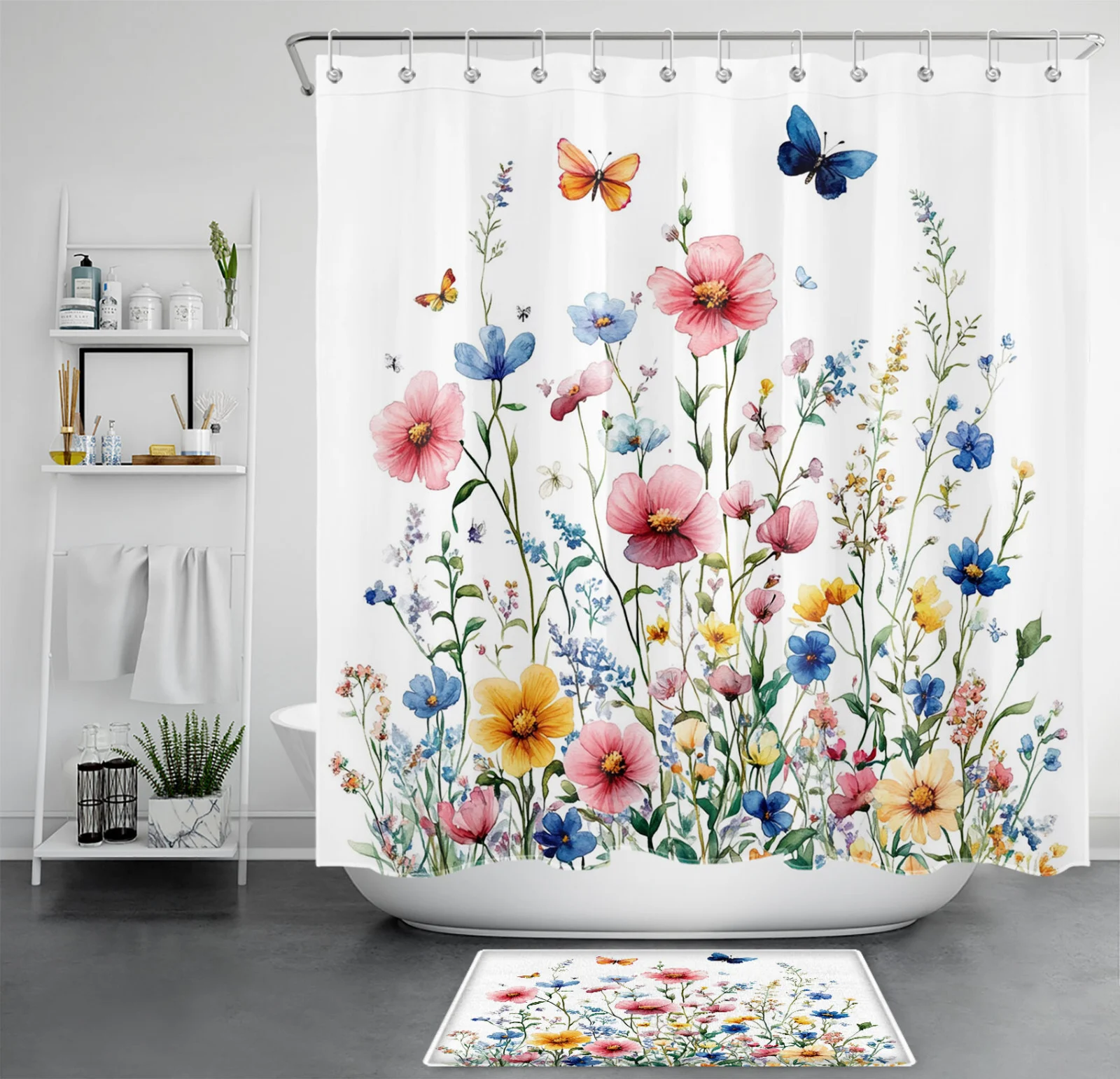 Nature Butterfly Pink and Blue Wildflower Shower Curtain