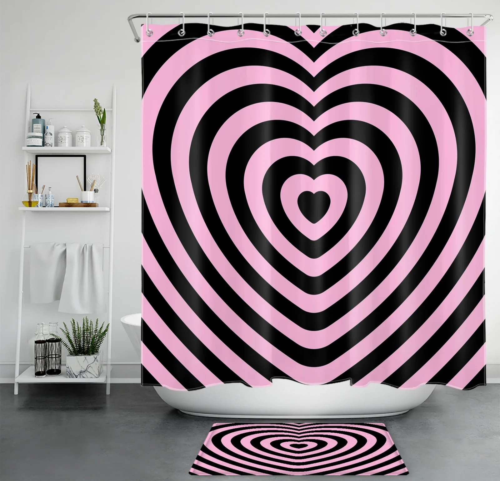 New Listing Pink and Black Love Heart Valentines Shower Curtain