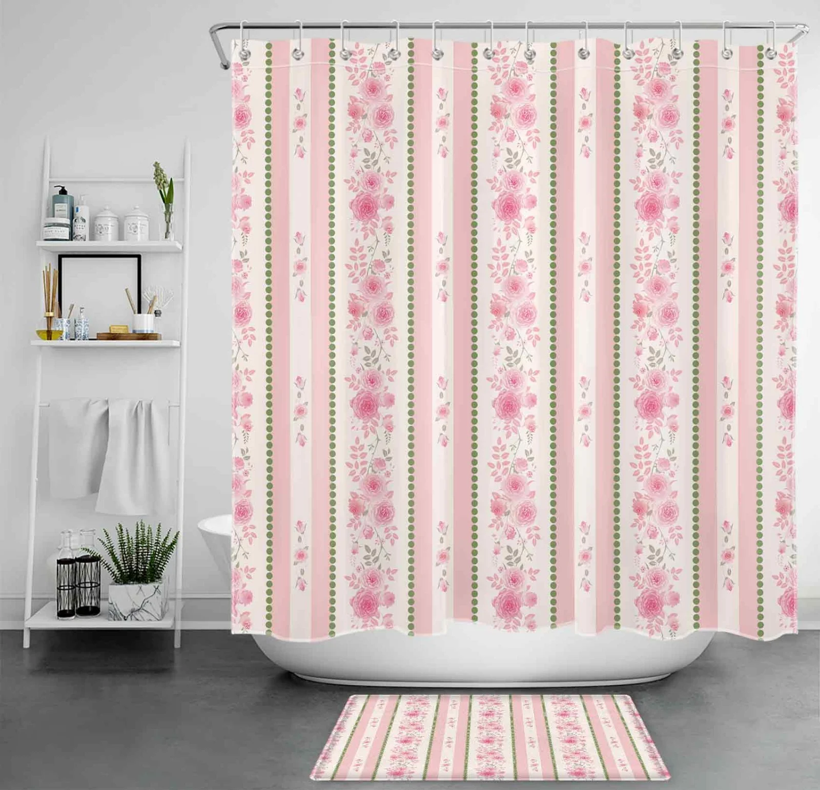 Pastel Rose Floral Green and Pink Striped Shower Curtain