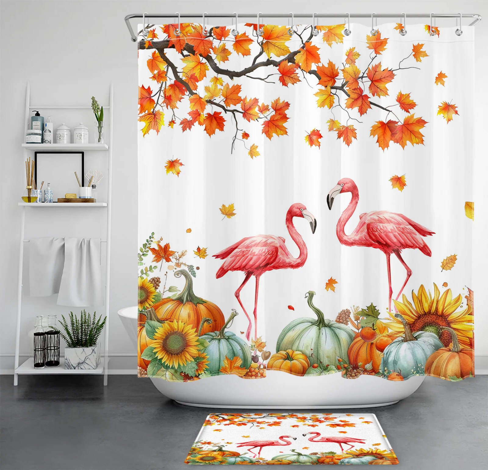 Pink Flamingo Floral Orange Pumpkin Fall Shower Curtain