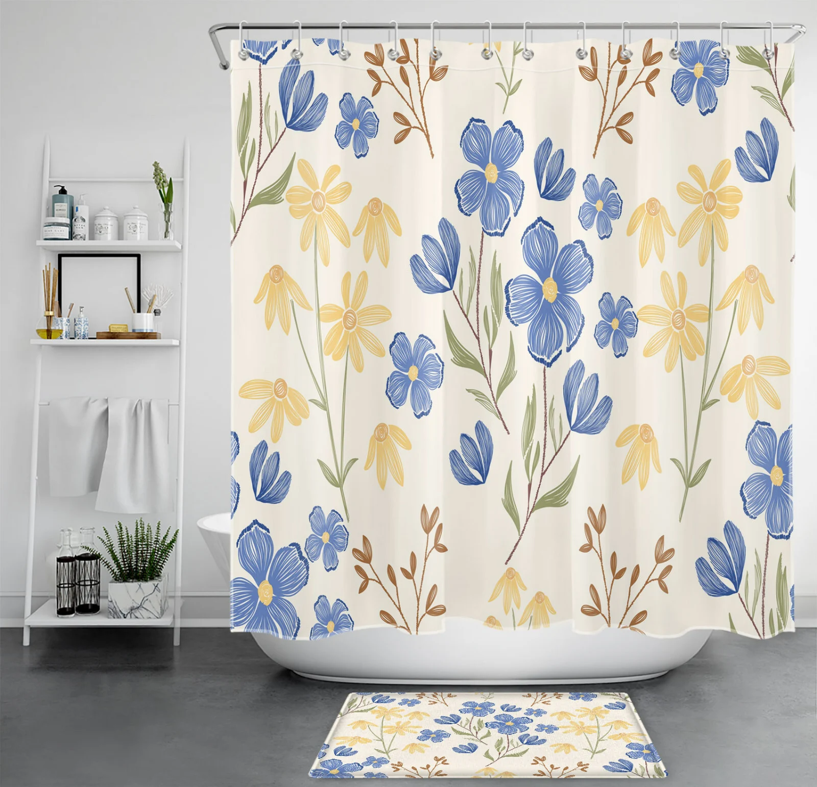 Blue Leaf Yellow and Orange Wildflower Shower Curtain