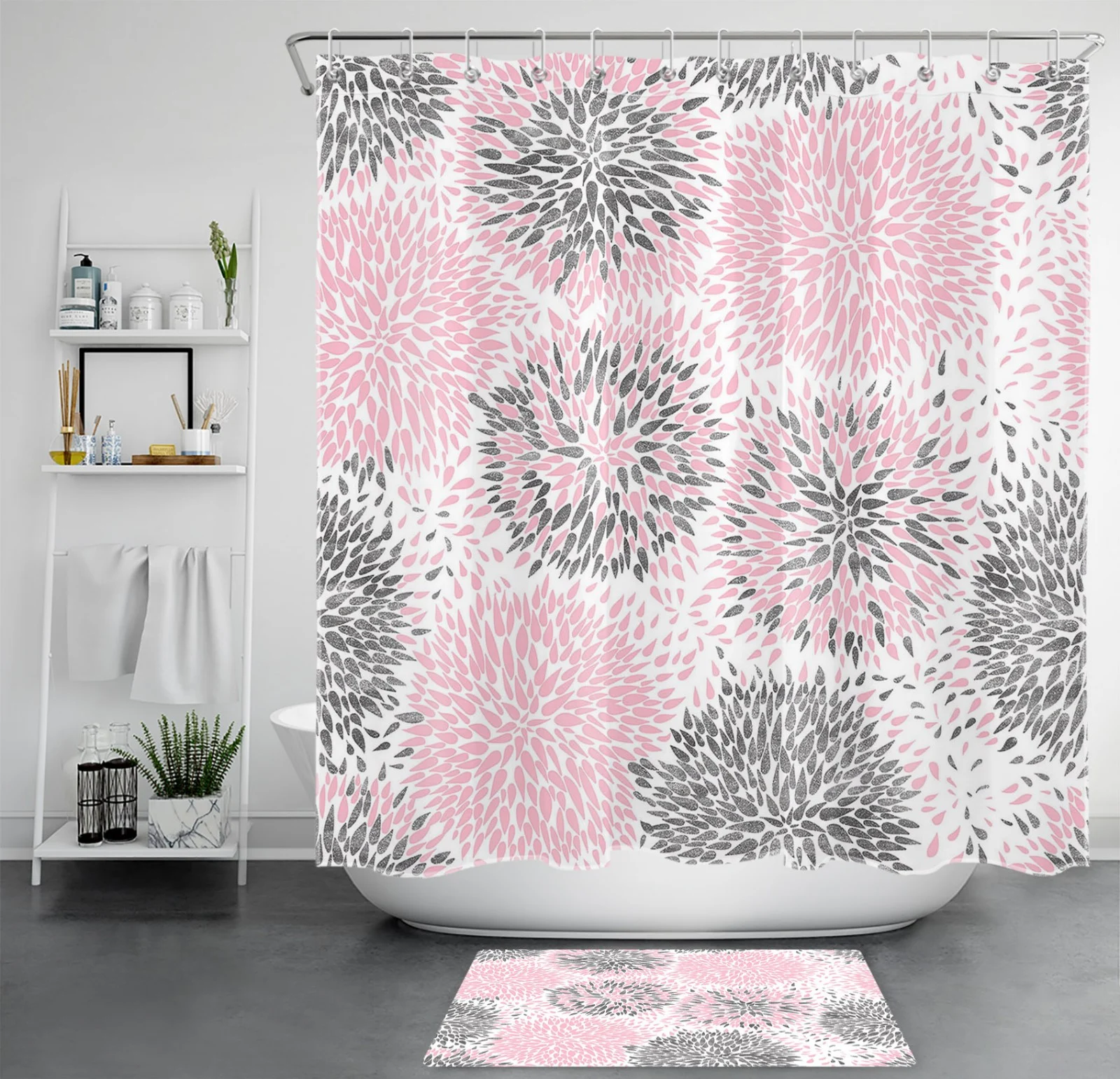Rustic Dahlia Flower Grey and Pink Floral Shower Curtain