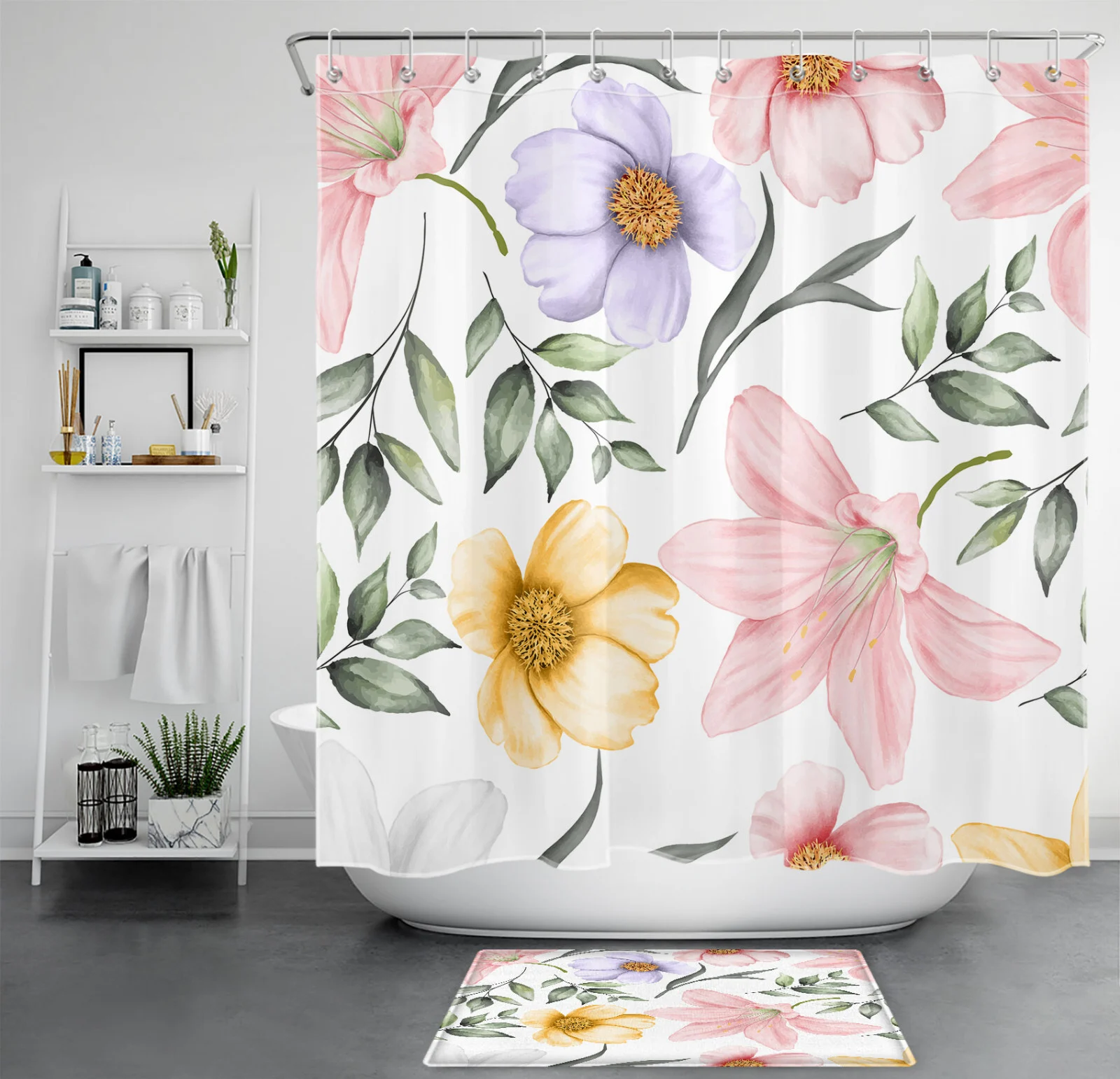 Rustic Green Leaf Yellow and Pink Floral Shower Curtain