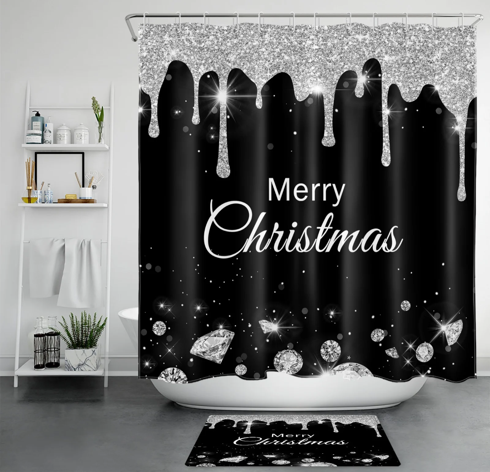 Silver Glitter Black and White Christmas Shower Curtain