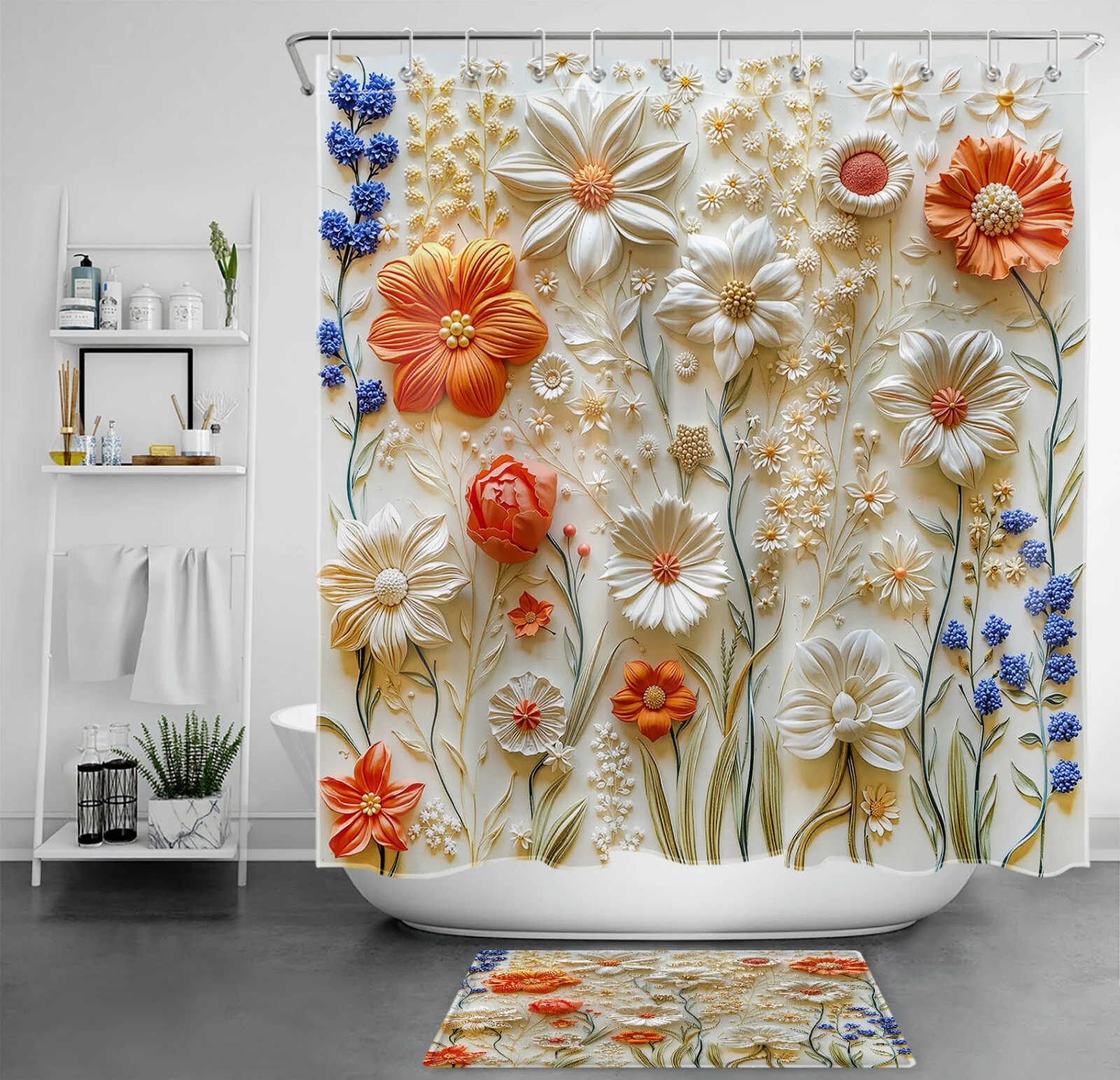 Country Spring Green Leaf Blue Floral Shower Curtain