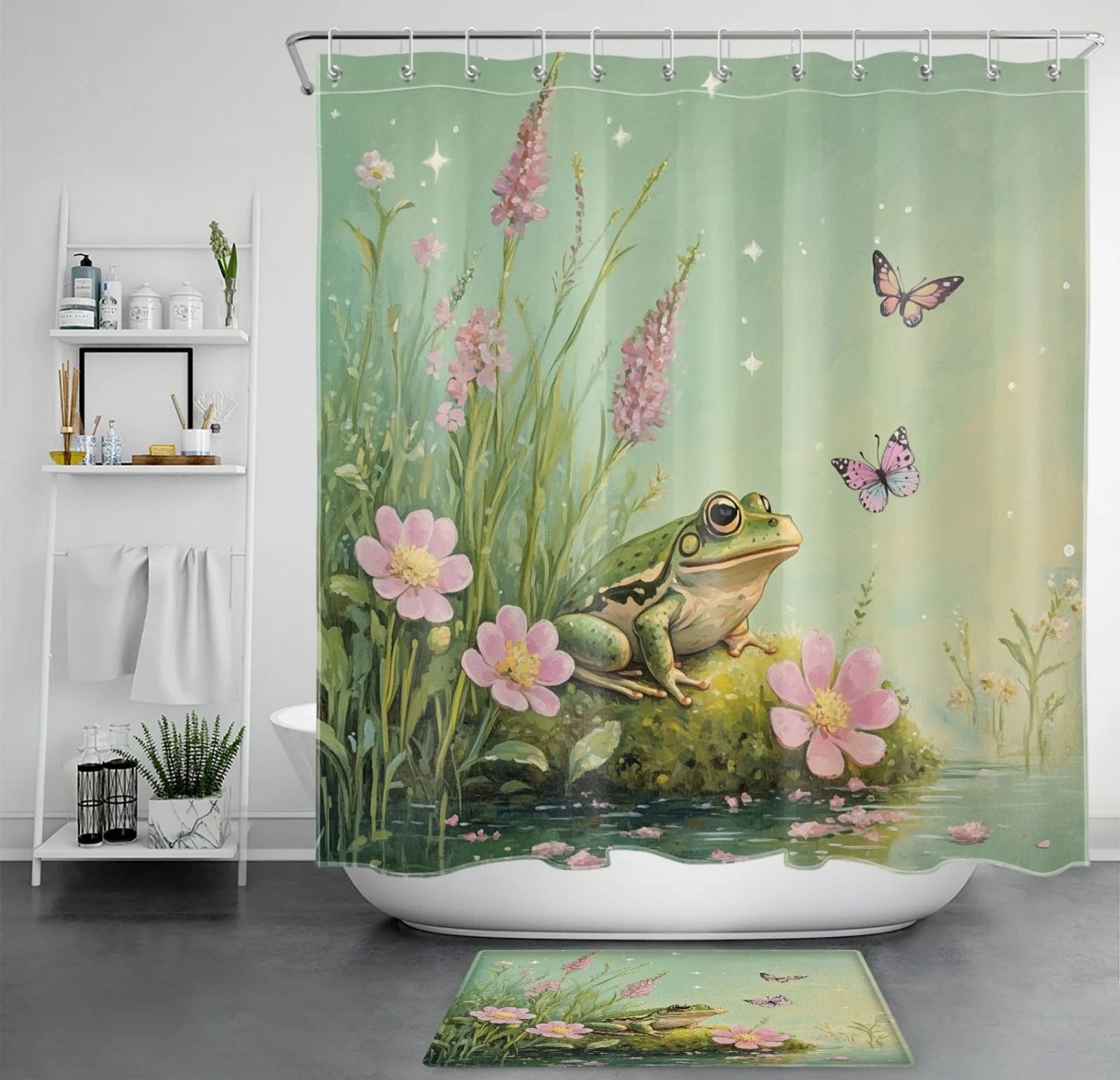 Grey and White Geometric Yellow Floral Shower Curtain