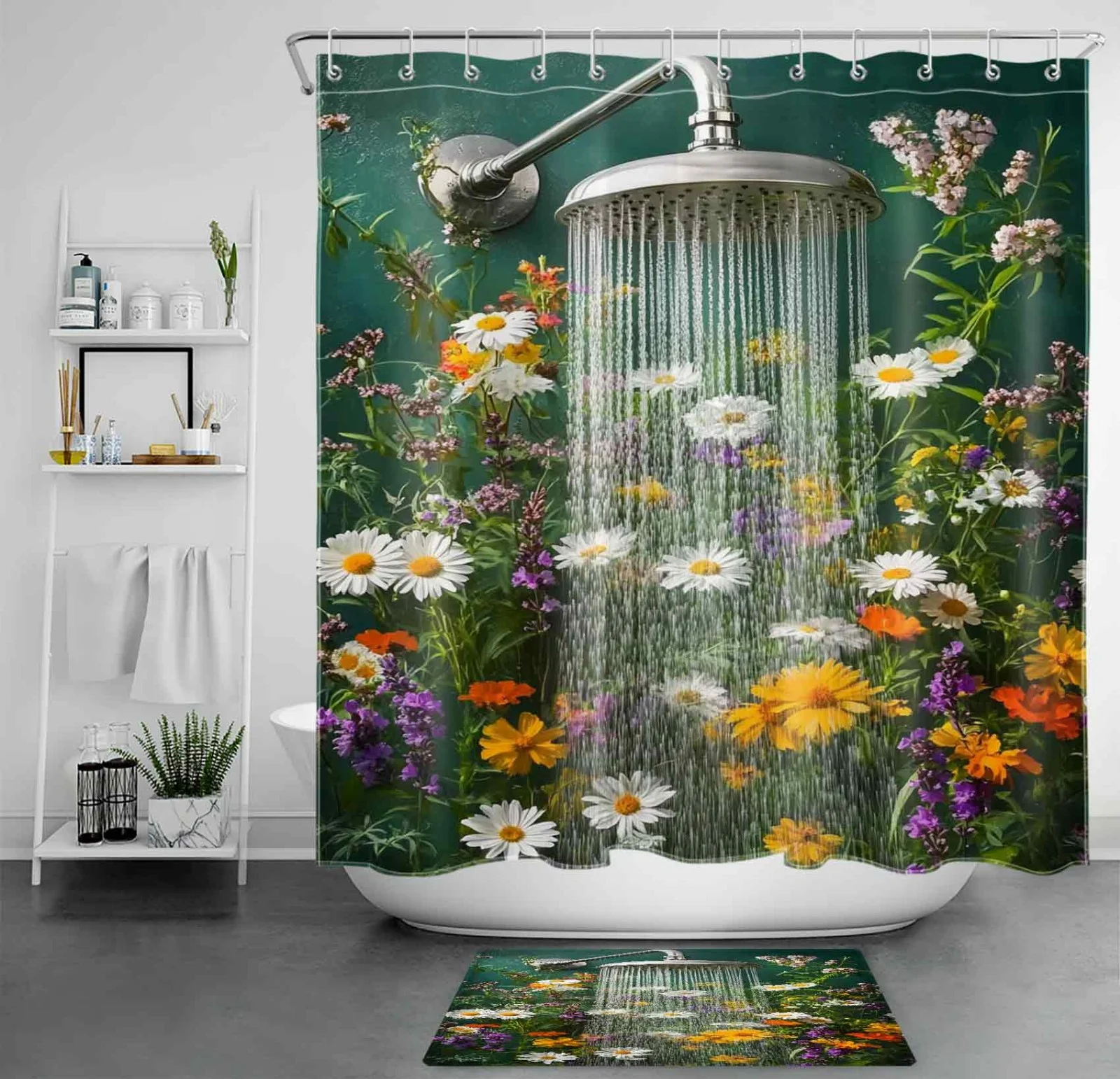 Spring Garden Plant Pink and Blue Floral Shower Curtain