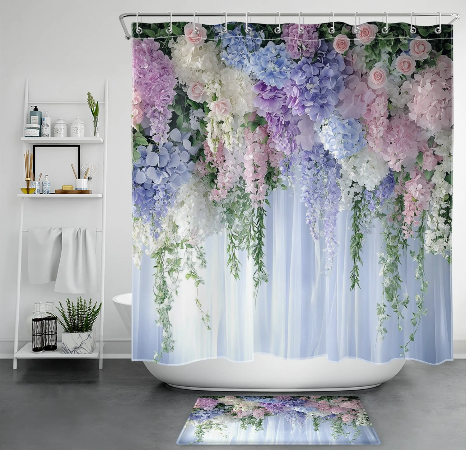 Spring Garden Plant Pink and Blue Floral Shower Curtain