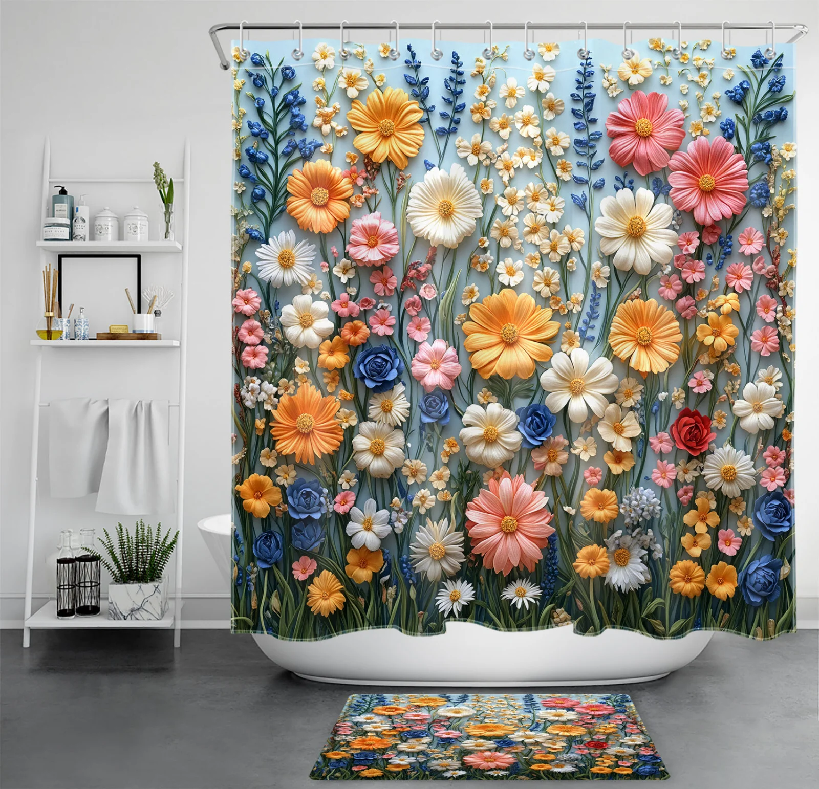 Spring Green Leaf Yellow and Pink Floral Shower Curtain