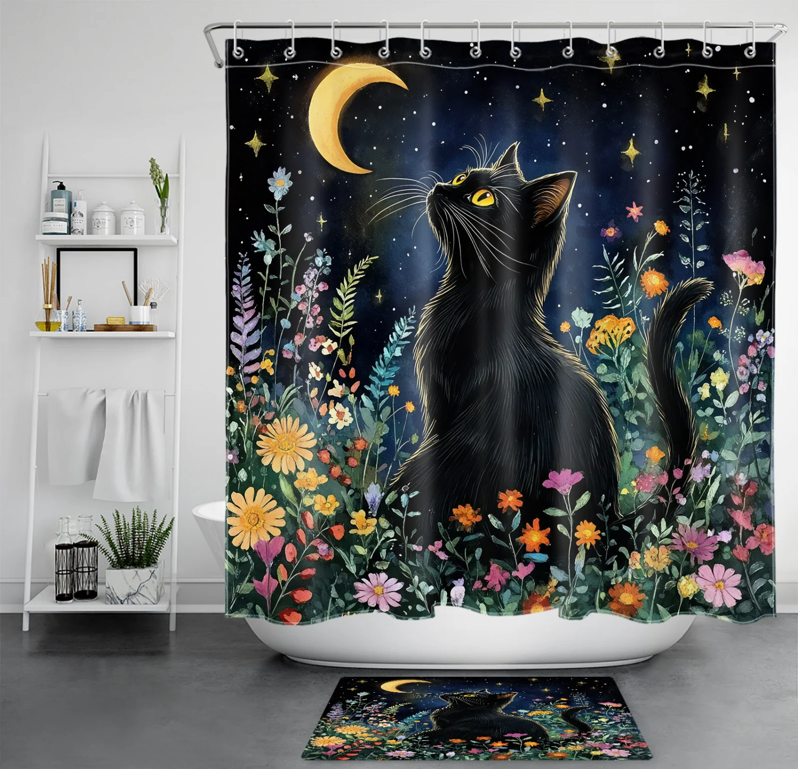 Boho Starry Night Cat Print Shower Curtain