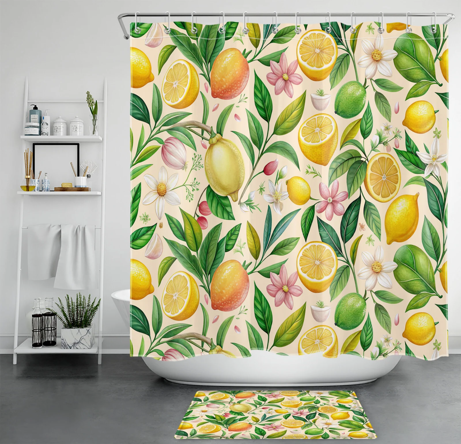 Summer Green Leaf Fruit Yellow Lemon Beige Shower Curtain