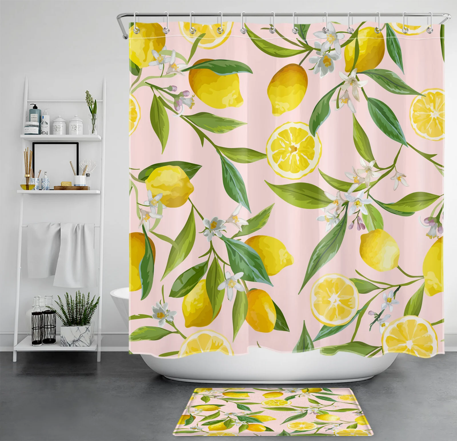 Botanical Green Leaf Yellow Floral Black Shower Curtain