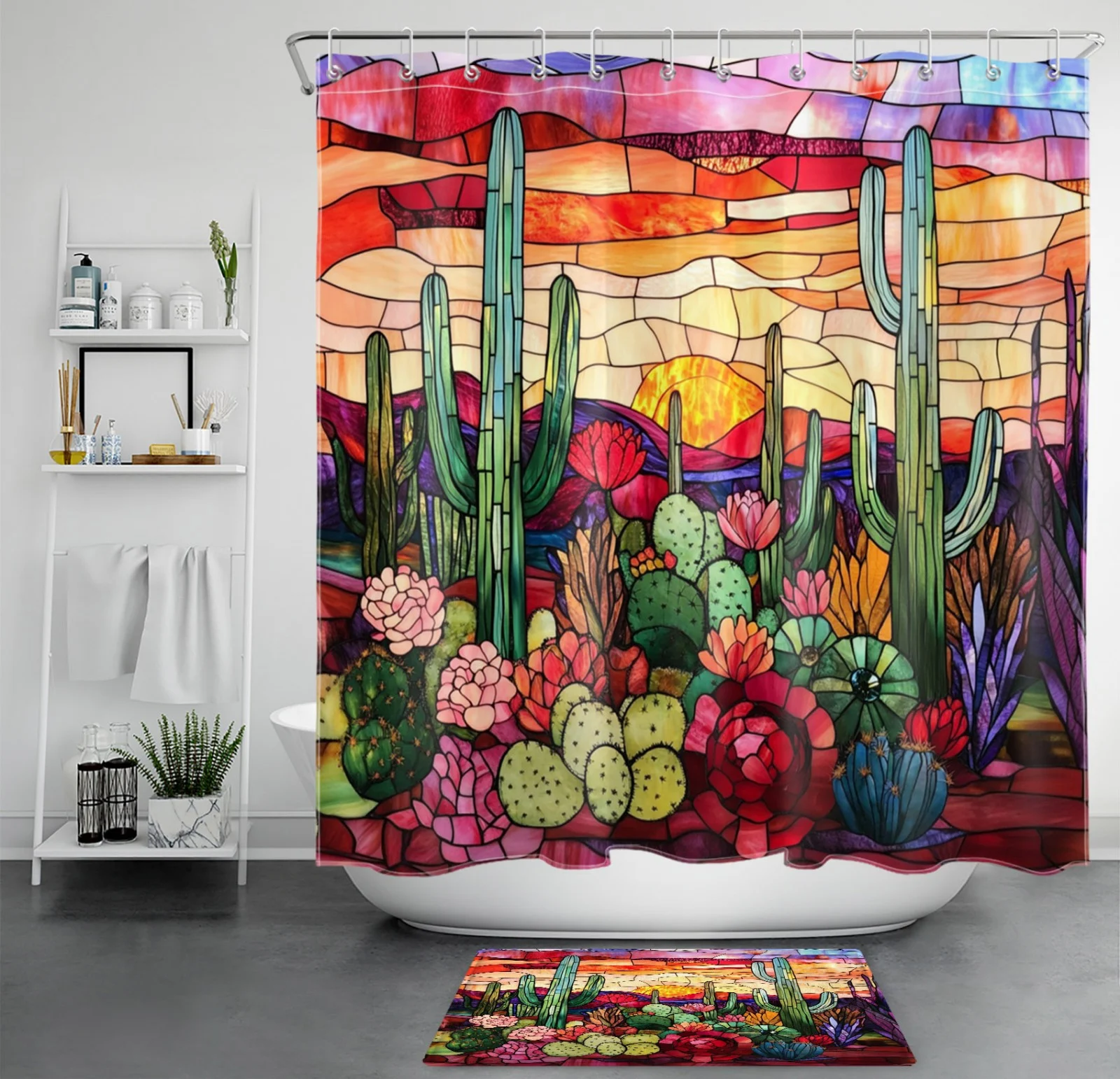 Abstract Floral Funny Black Cat on Blue Shower Curtain