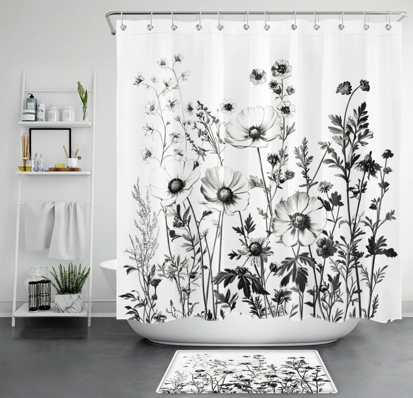 Vintage Floral Black and Grey Botanical Shower Curtain