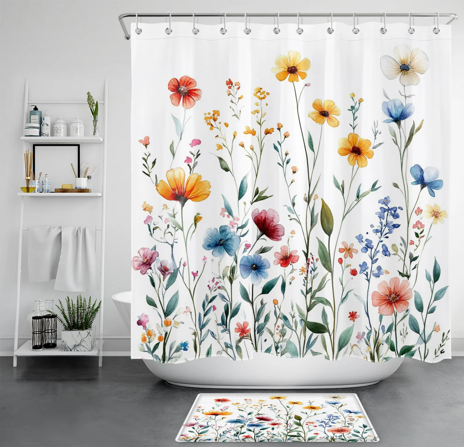 Garden Botanical Green Leaf Pink Floral Shower Curtain